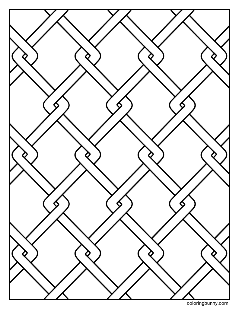 Diagonal woven geometric coloring page featuring wide crisscrossing bands arranged in a trellis-style repeat, forming an abstract lattice pattern framed by a rectangular border.