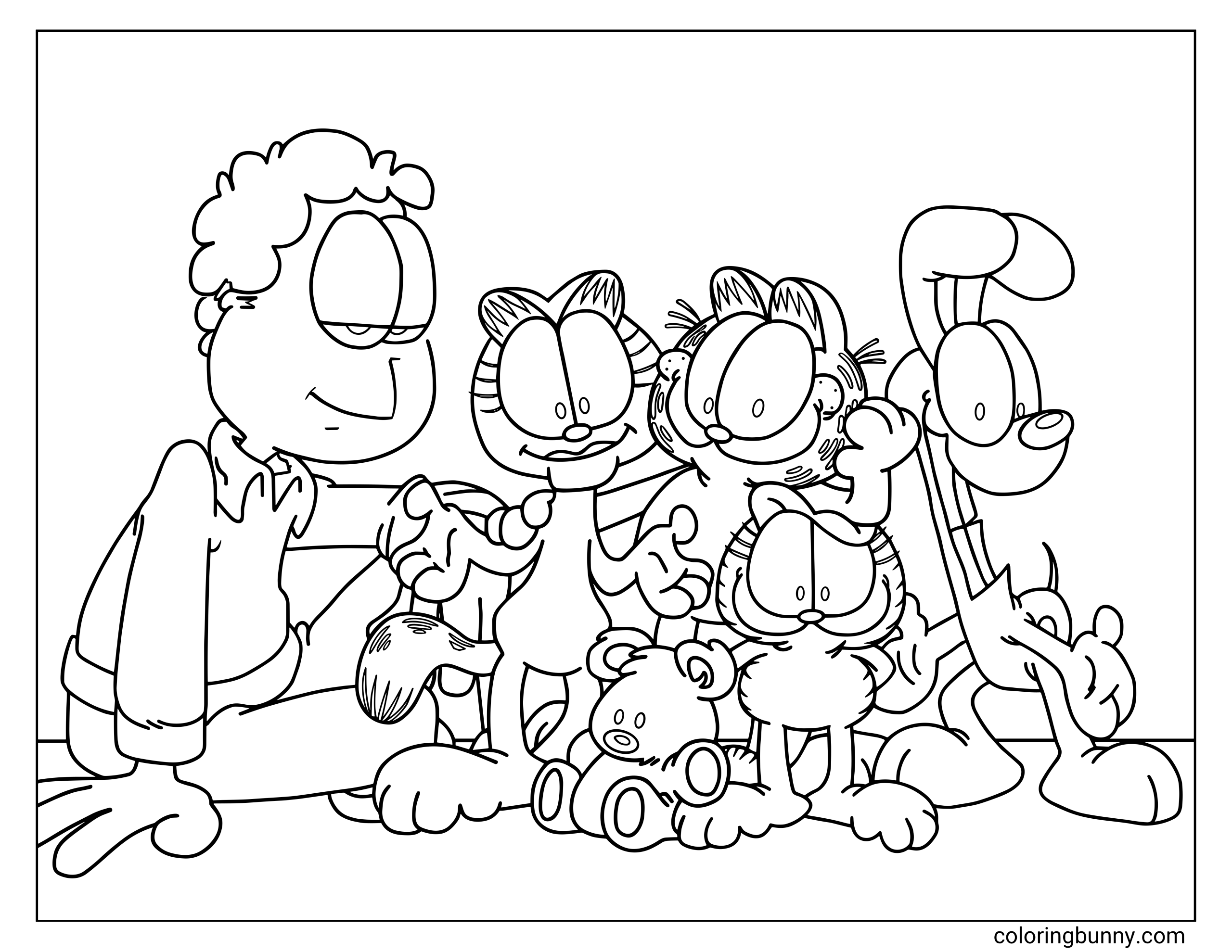 Coloring sheet featuring six Garfield characters, with Jon Arbuckle on the left, Odie on the right, and Garfield, Arlene, Nermal, and Pooky grouped in the middle.