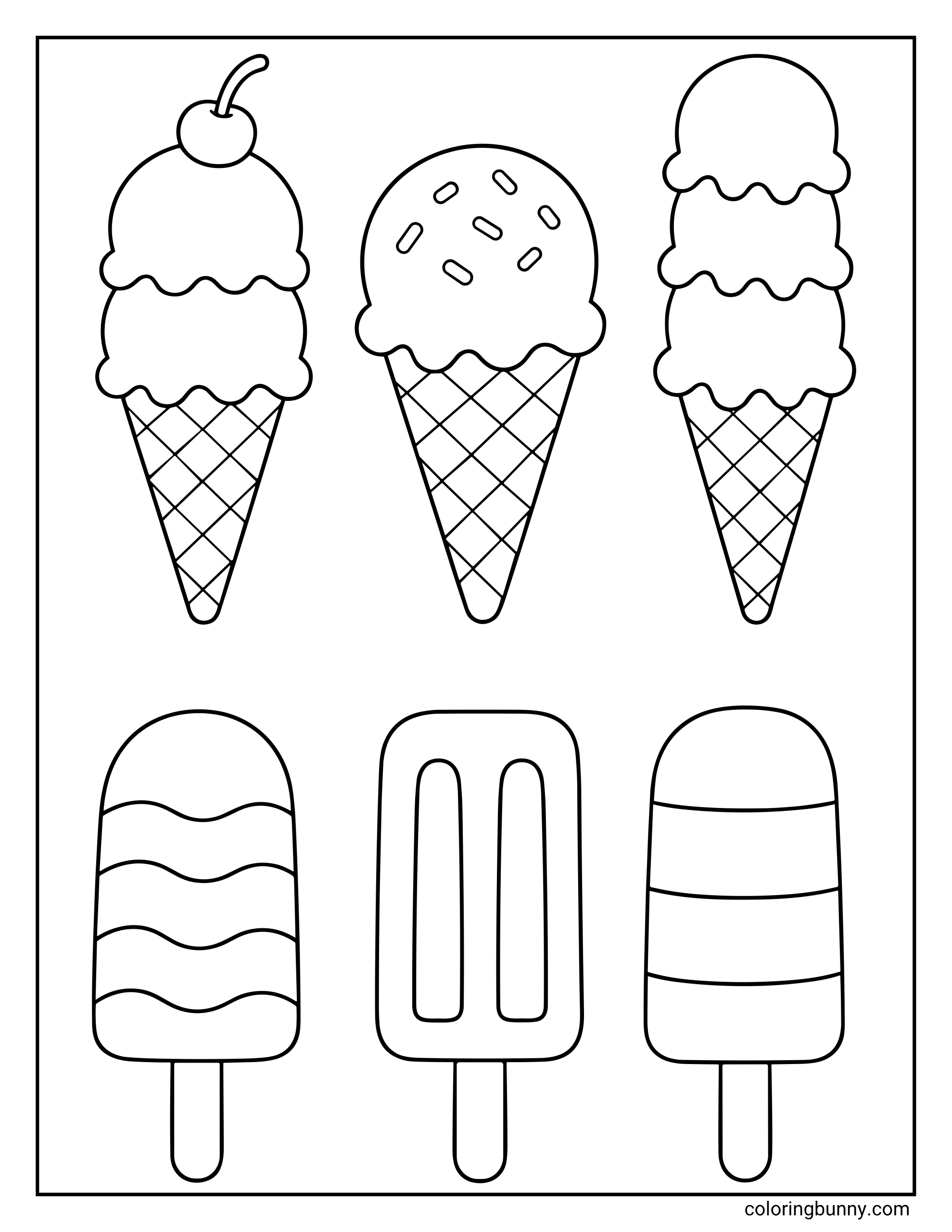Ice cream coloring page showing six frozen desserts spaced evenly across the page. The top row includes three cones with different scoop styles, including one topped with a cherry, and the bottom row includes three popsicles with striped and classic shapes for a fun and easy coloring sheet.