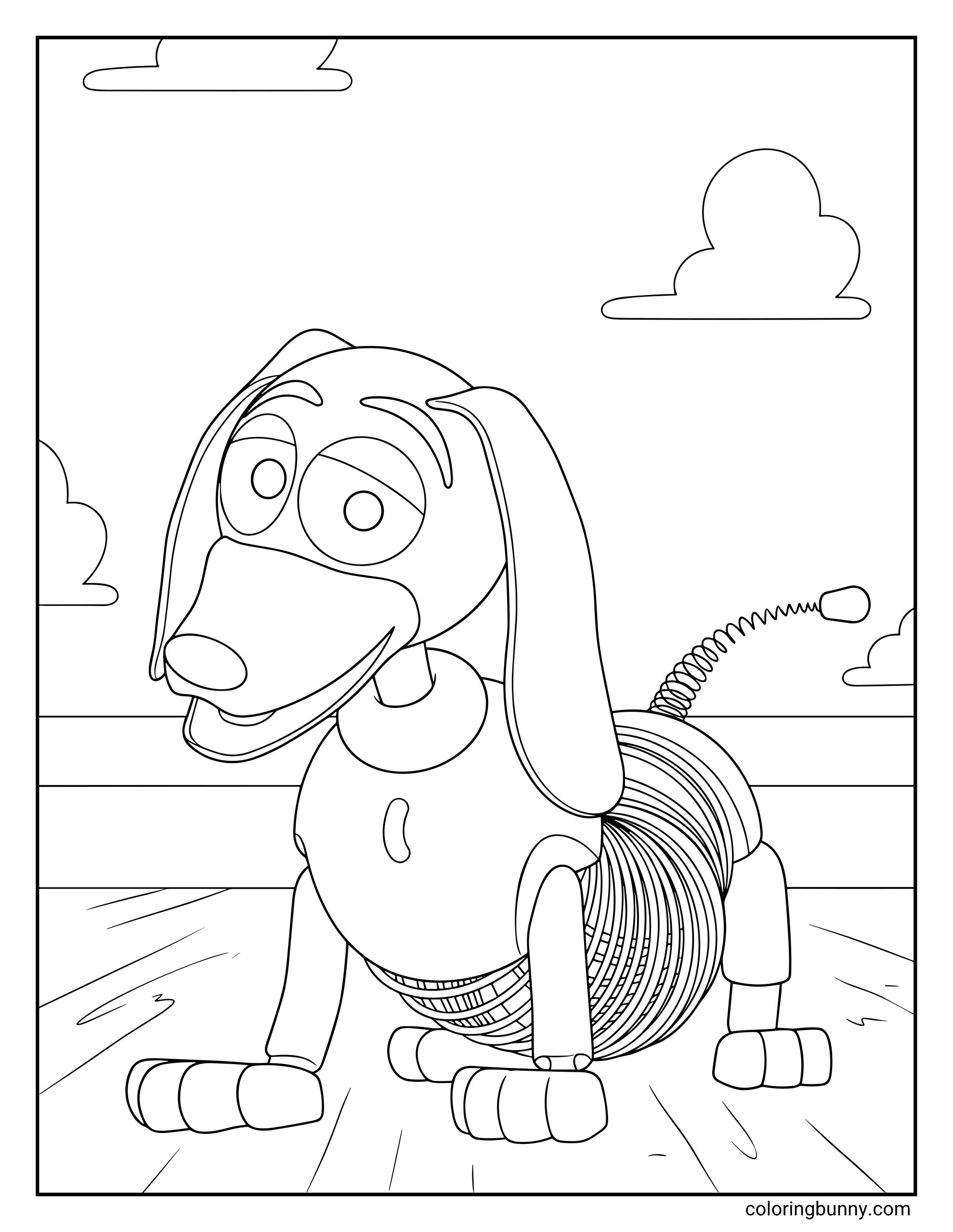 Toy Story coloring sheet showing Slinky Dog with his long spring middle, round nose, floppy ears, collar, little legs, and cheerful expression in a playful room scene with clouds.