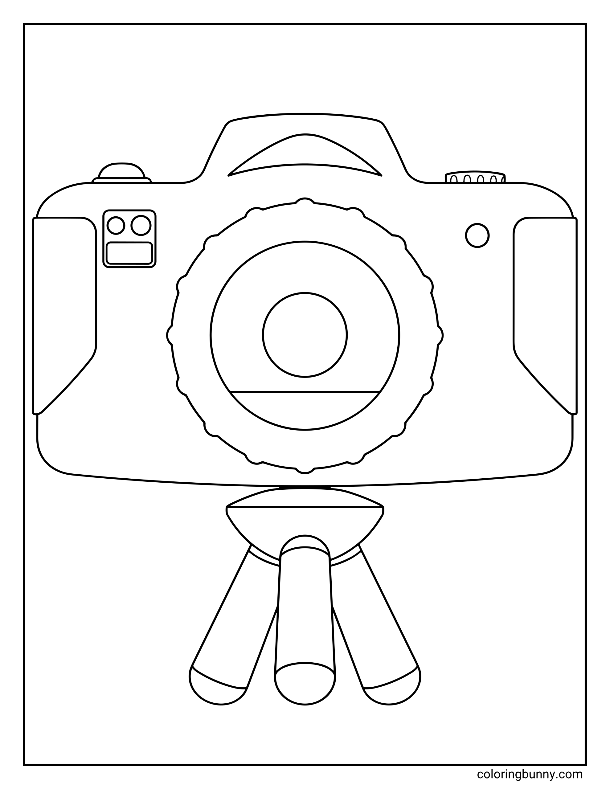 Snappy Toy Story 5 coloring page featuring a camera-shaped toy with a large round lens, simple button details, a top handle, and a three-legged tripod stand against a plain background.