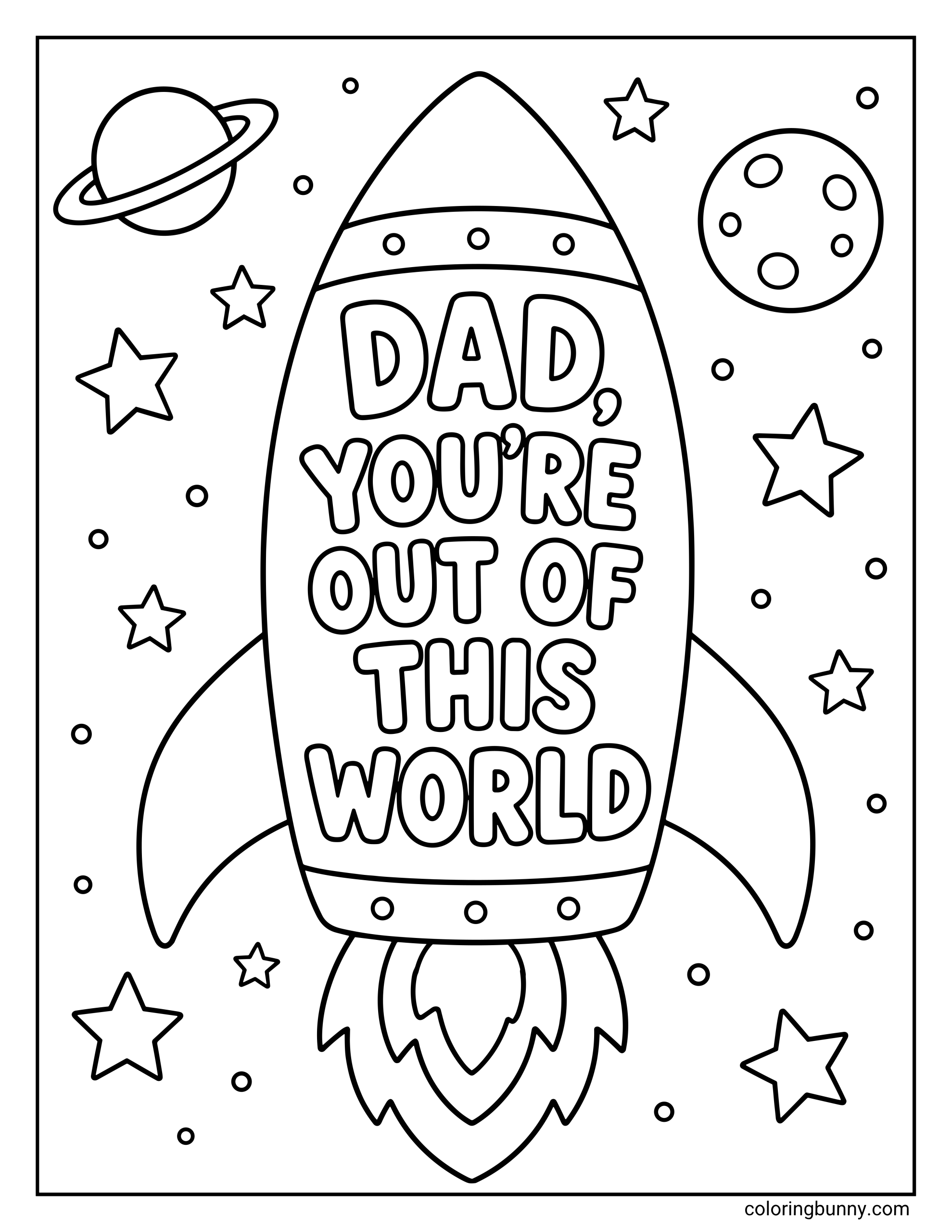 Coloring page of a space themed Father's Day card displaying a clean black and white outline drawing of a spaceship blasting off, surrounded by stars, a ringed planet, and a cratered moon.
