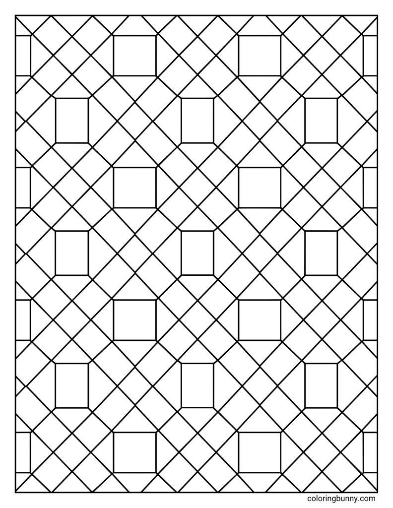 Geometric coloring page with a lattice-style layout of intersecting diagonal lines, creating diamond shapes around larger square tiles and slim vertical rectangles in a balanced repeating pattern.