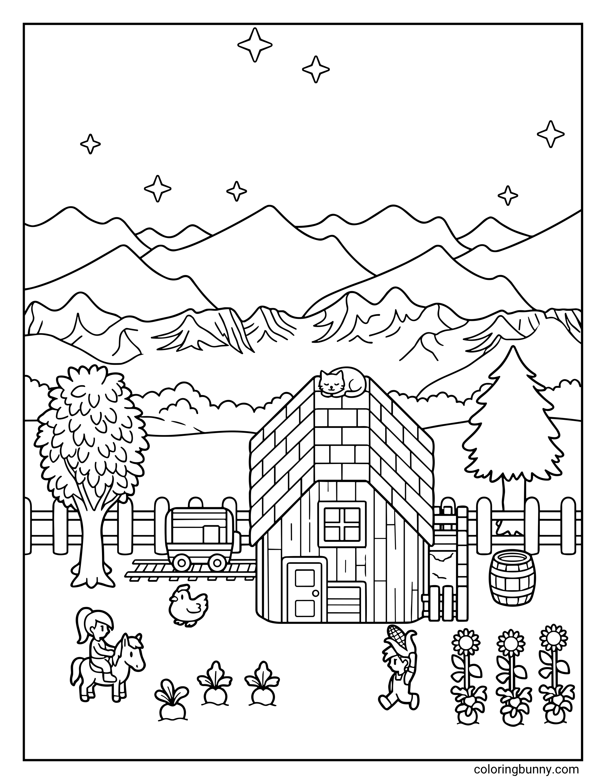 A Stardew Valley coloring page of a starter farmhouse under a starry night sky, with a farmer riding a horse, a chicken, crops, and mountains in the distance.