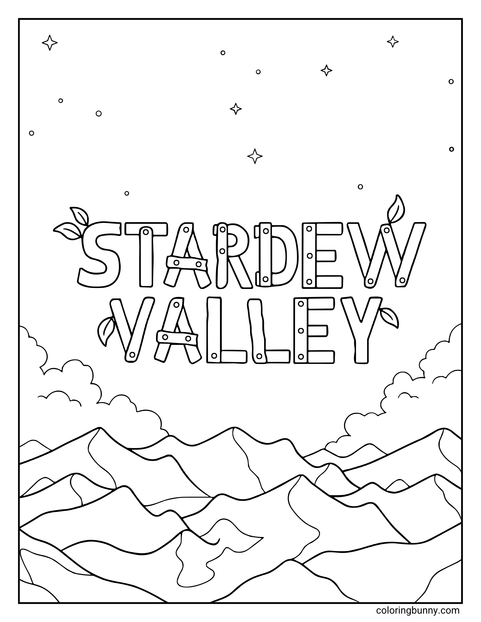 A Stardew Valley coloring page featuring the game's rustic wooden title logo hovering over a dramatic mountain landscape under a starry sky.