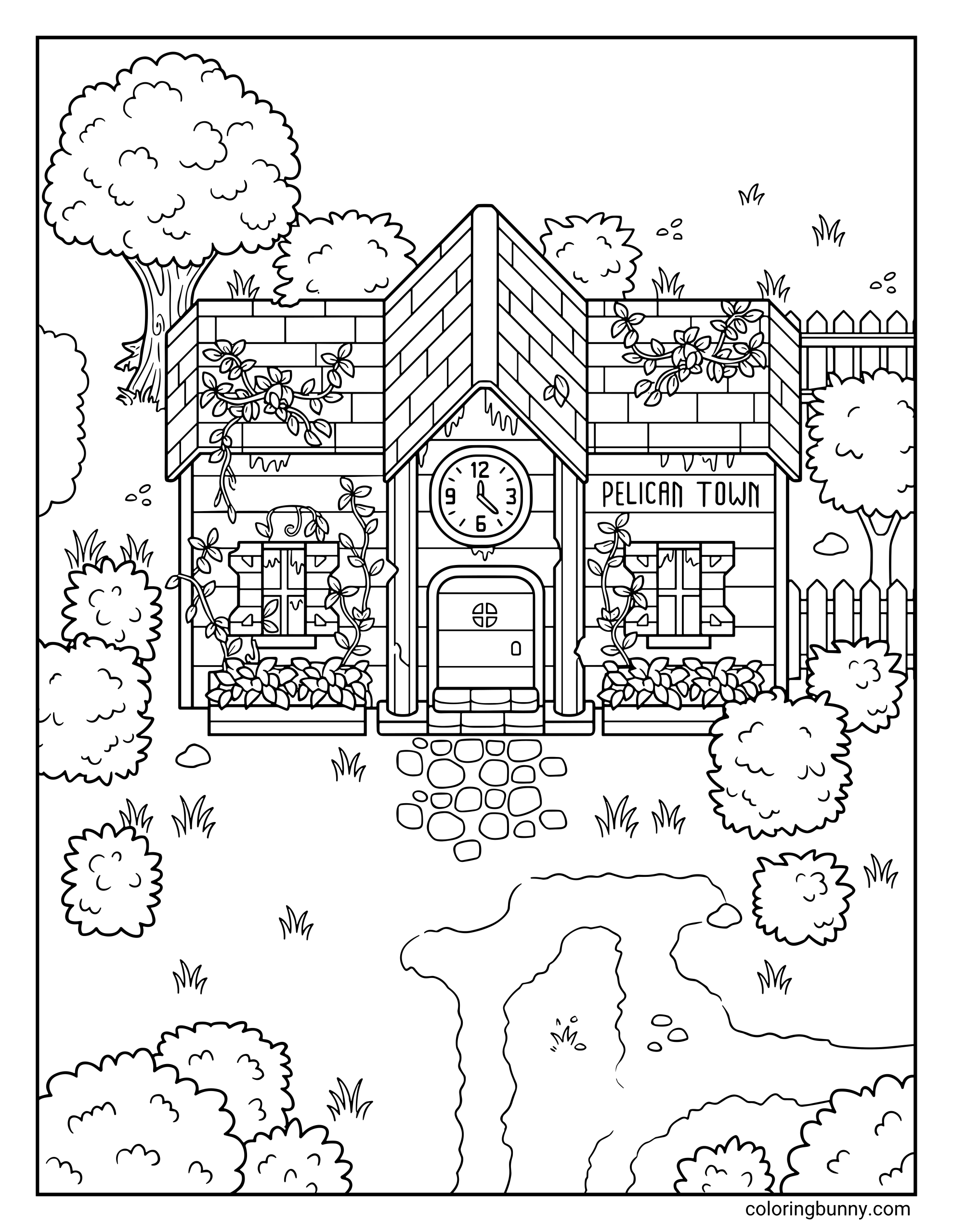 A Stardew Valley coloring page of the historic Pelican Town Community Center, overgrown with vines and surrounded by lush bushes.