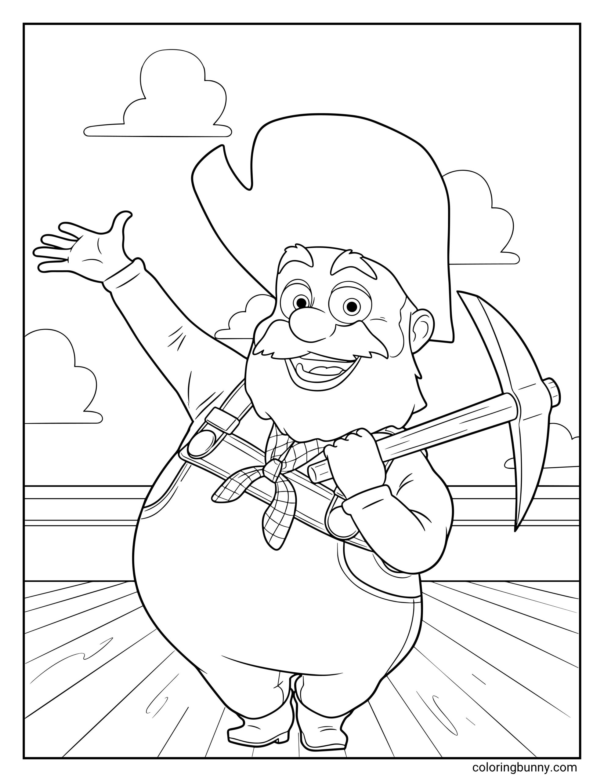 Coloring sheet of Stinky Pete from Toy Story showing the bearded prospector in a large hat, overalls, and neckerchief, holding a pickaxe and raising one hand.