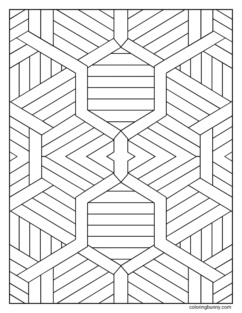 Striped hexagon pattern coloring page featuring large hexagon shapes, diagonal stripe sections, vertical line blocks, and horizontal striped centers arranged in a symmetrical geometric design.