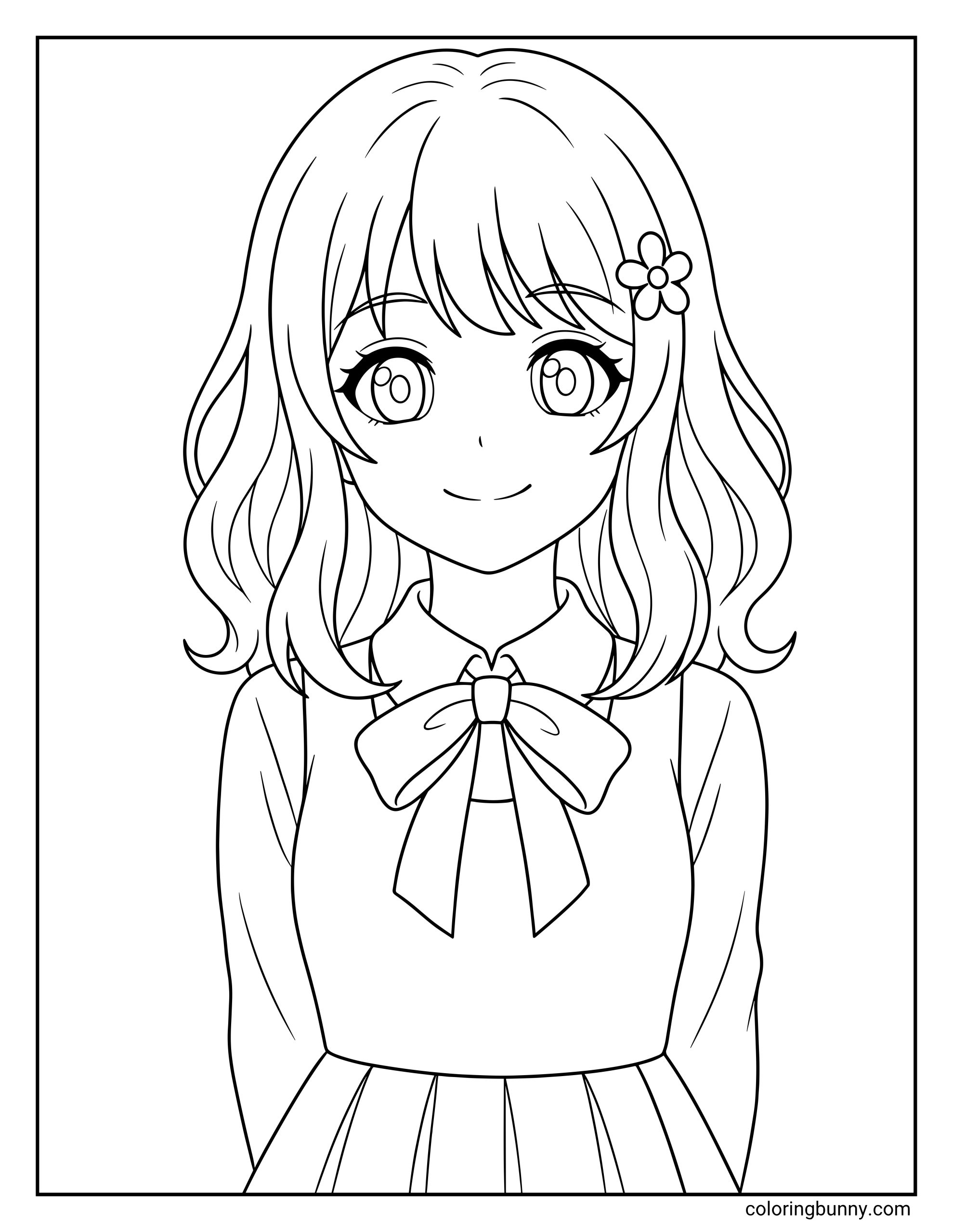 Coloring page of a sweet innocent looking anime girl featuring a beautiful character with sparkling eyes, a gentle smile, a five-petal flower hairpin in her wavy hair, and a pleated dress with a big collar bow inside a black border.