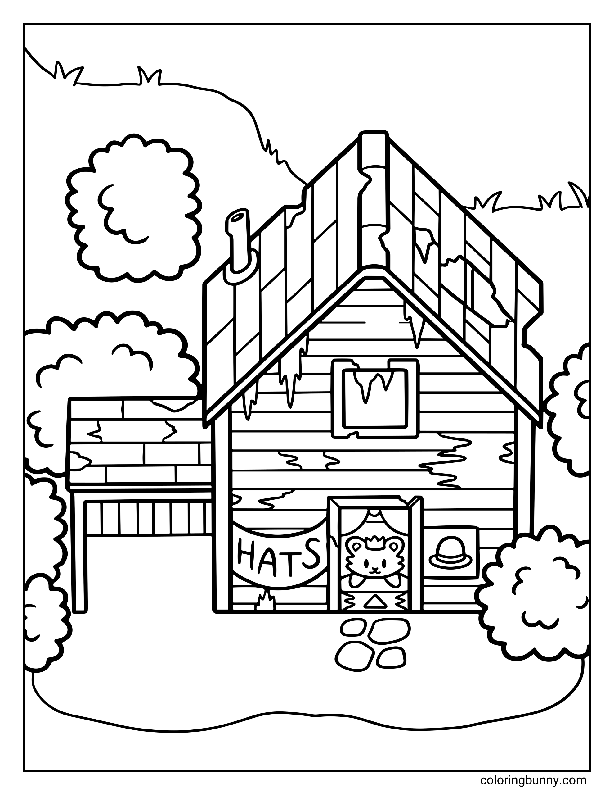 A Stardew Valley coloring page of the ruined Abandoned House in south Cindersap Forest, featuring the Hat Mouse looking out from the entrance under a "HATS" banner.