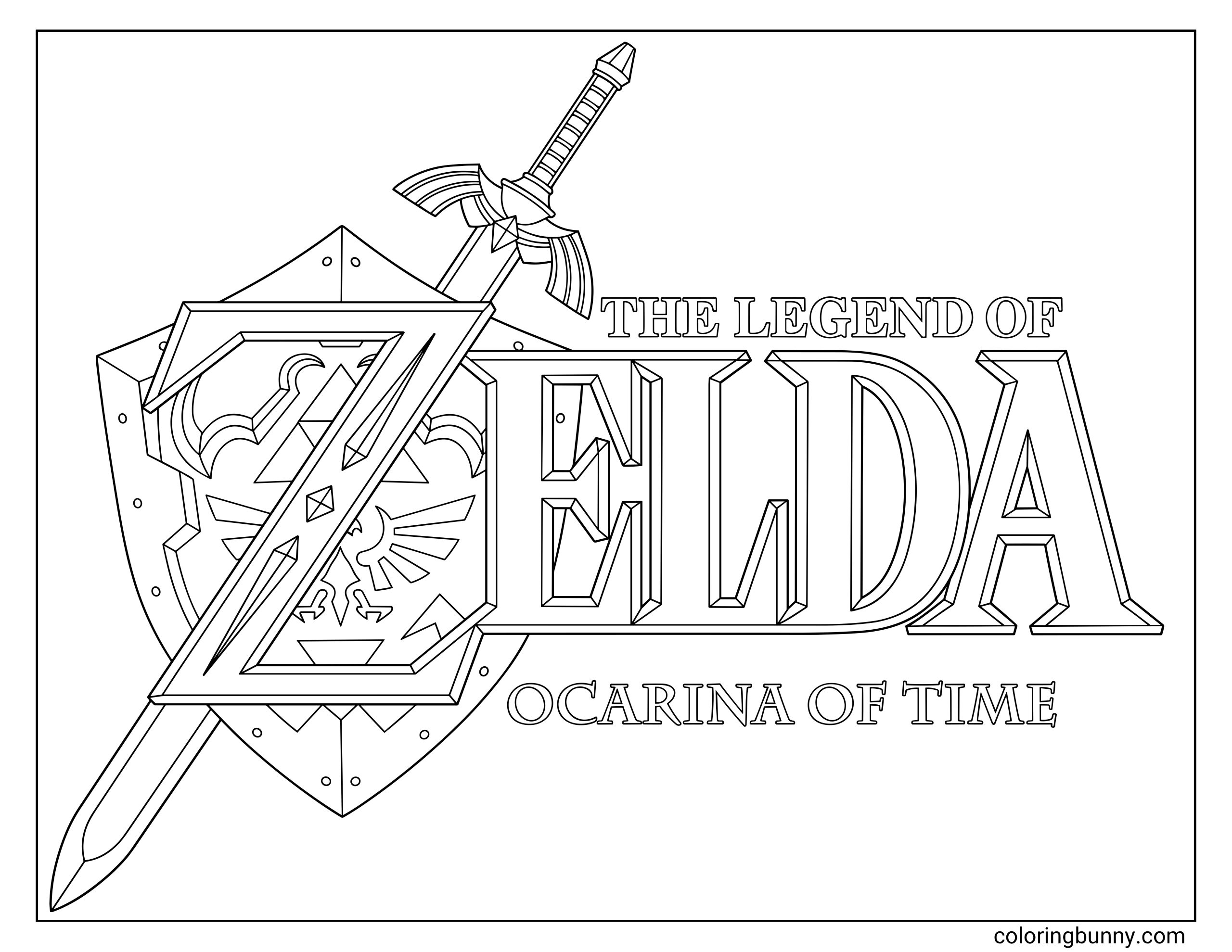 Coloring page of The Legend of Zelda Ocarina of Time logo showing the Master Sword behind the Zelda lettering and the Hylian Shield with Triforce details.