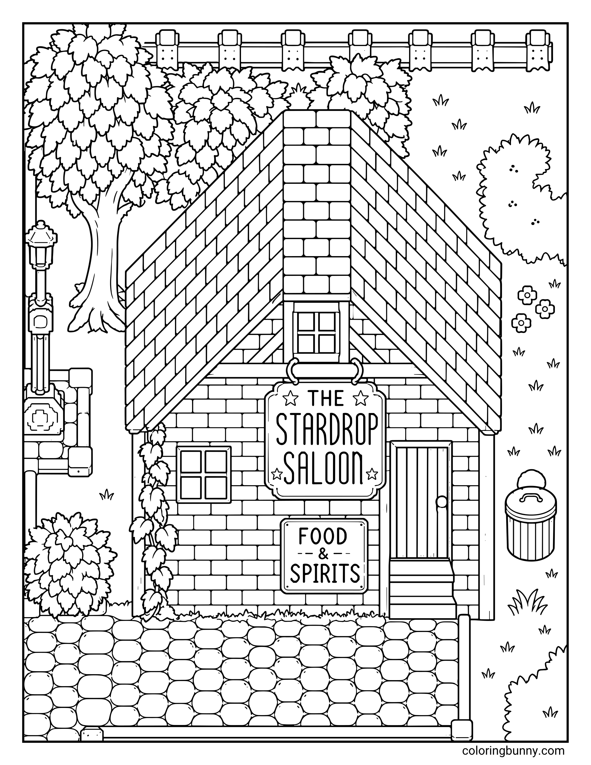 A Stardew Valley coloring page of the exterior of The Stardrop Saloon, featuring its brick facade, a sign reading "FOOD & SPIRITS", and a cobblestone path.