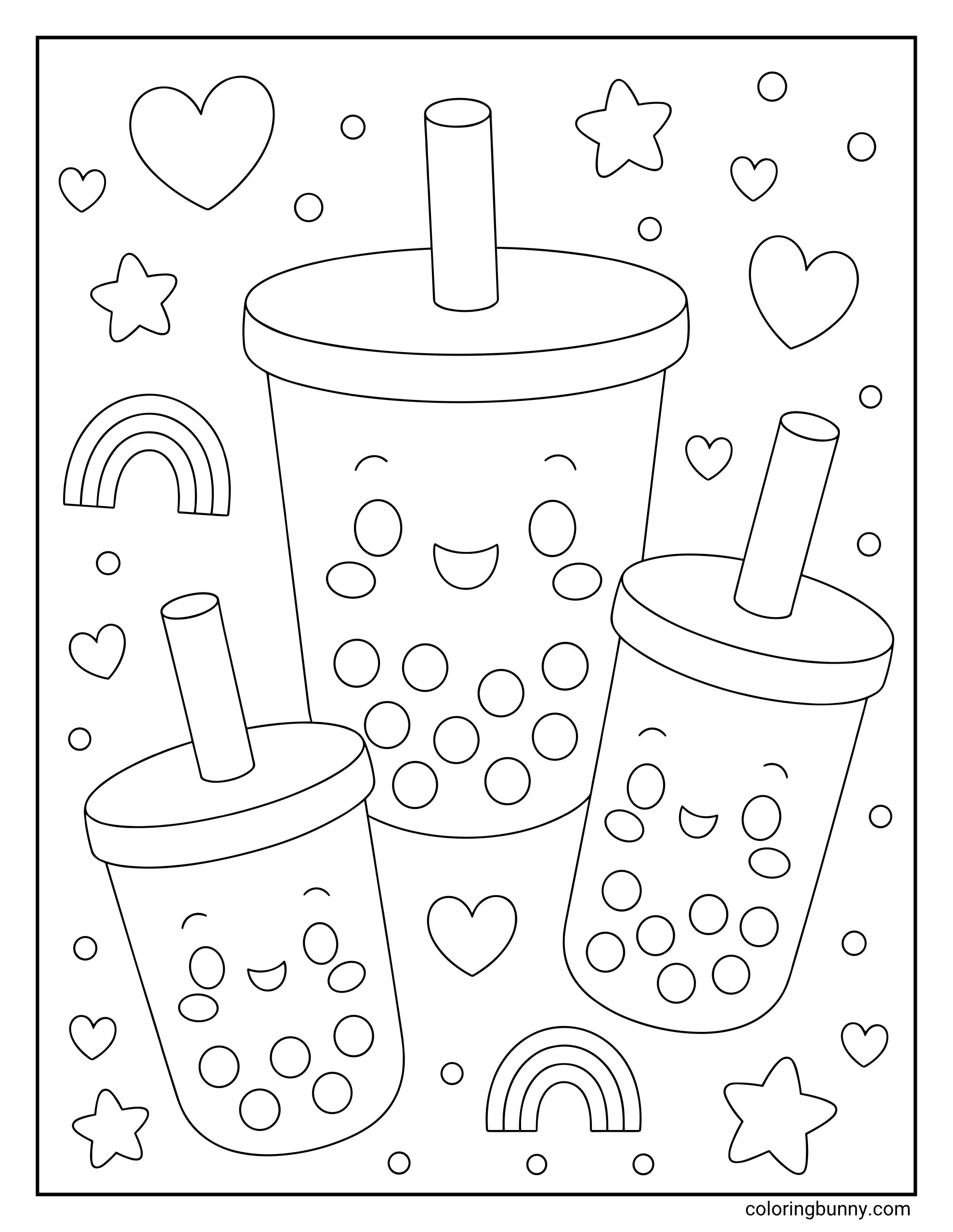 A cute coloring page showing three smiling boba tea cups, with one large drink in the center and two smaller drinks on each side, surrounded by hearts, stars, dots, and small rainbows.
