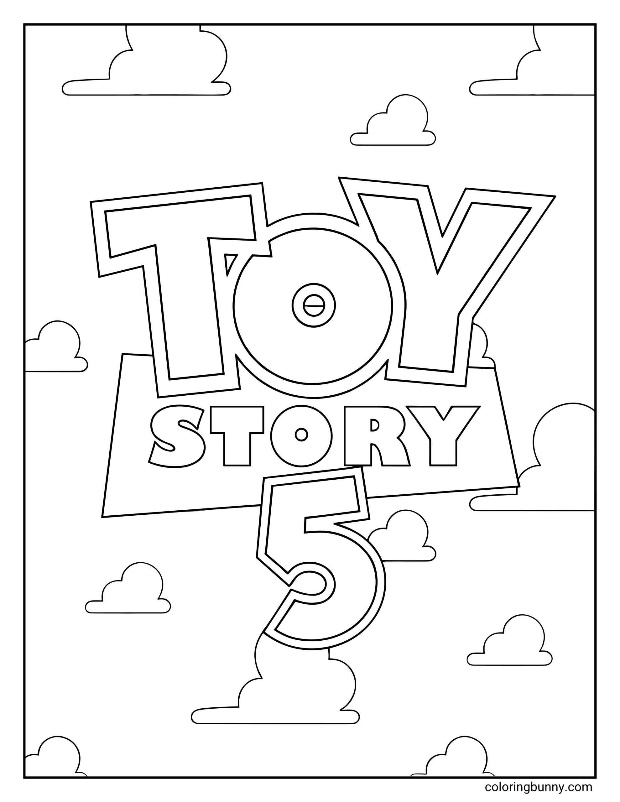 Coloring page of the Toy Story 5 logo with bold outlined text, a large number 5, and cloud shapes spread around the background.