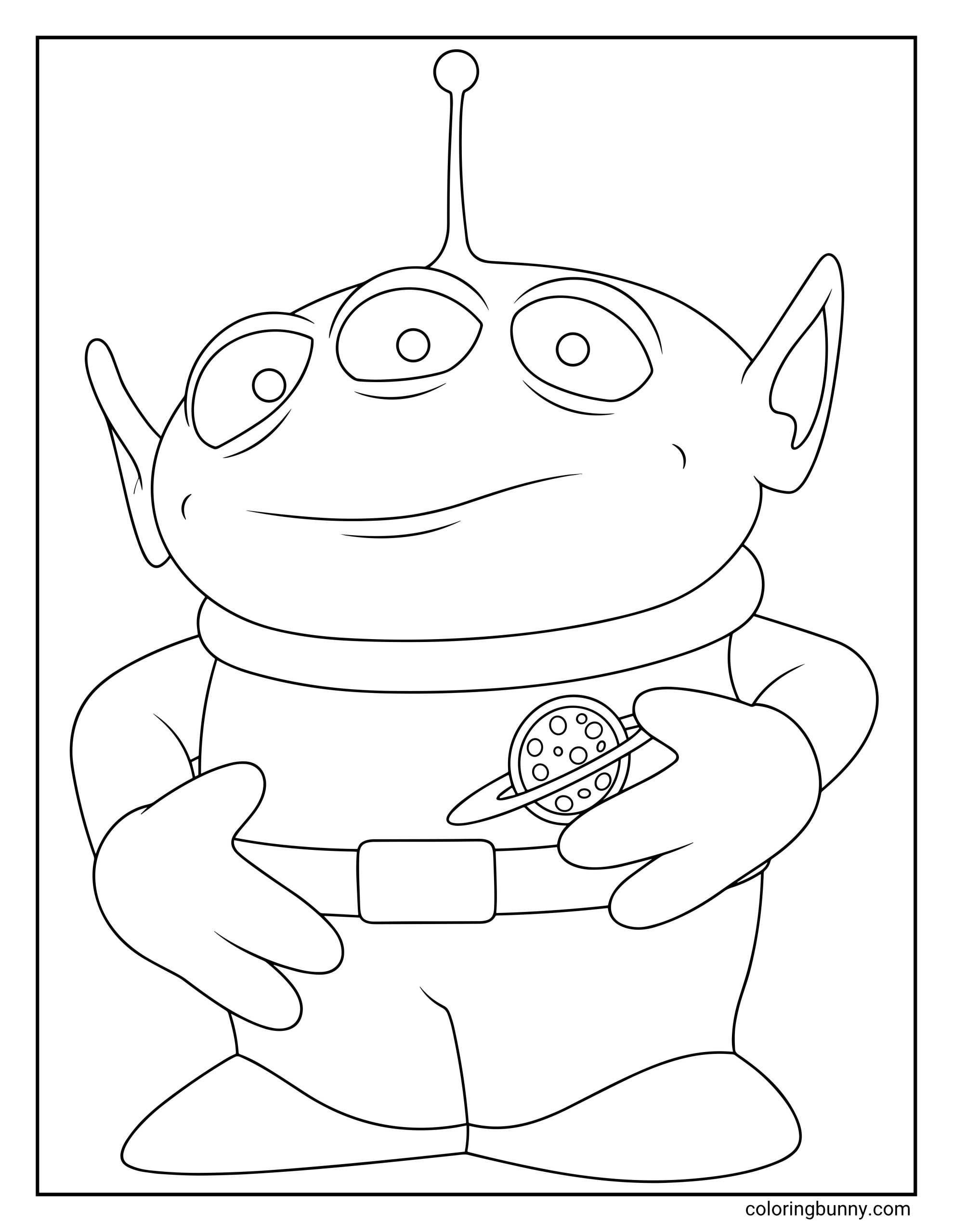 Toy Story Alien coloring page featuring the three-eyed green alien standing upright with pointed ears, a single antenna, a round space suit, belt, and the Pizza Planet emblem on its chest.