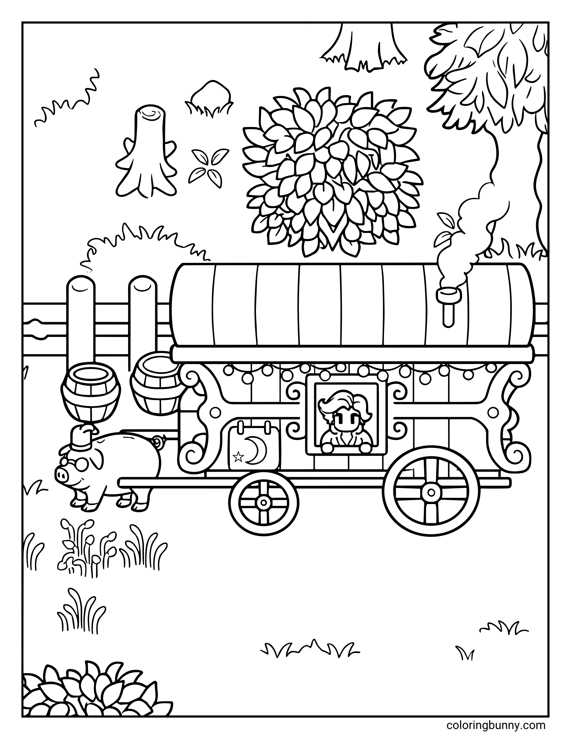 A Stardew Valley coloring page of the Traveling Cart, featuring the merchant looking out of the window and the iconic pig wearing a fez pulling the wagon.