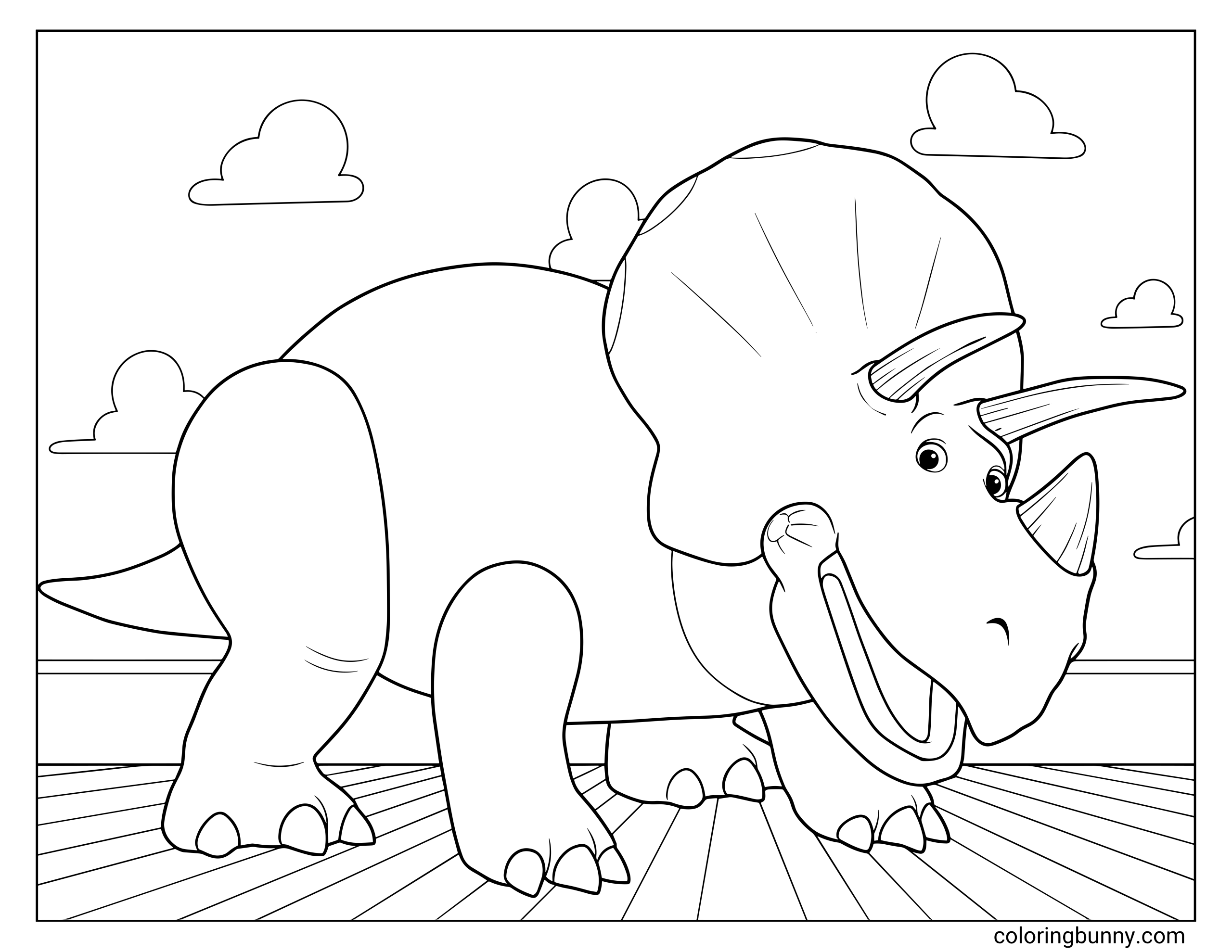 Trixie Toy Story 5 coloring page featuring the triceratops toy standing on a wooden floor with three horns, a large frill, round body, short legs, and clouds in the background.