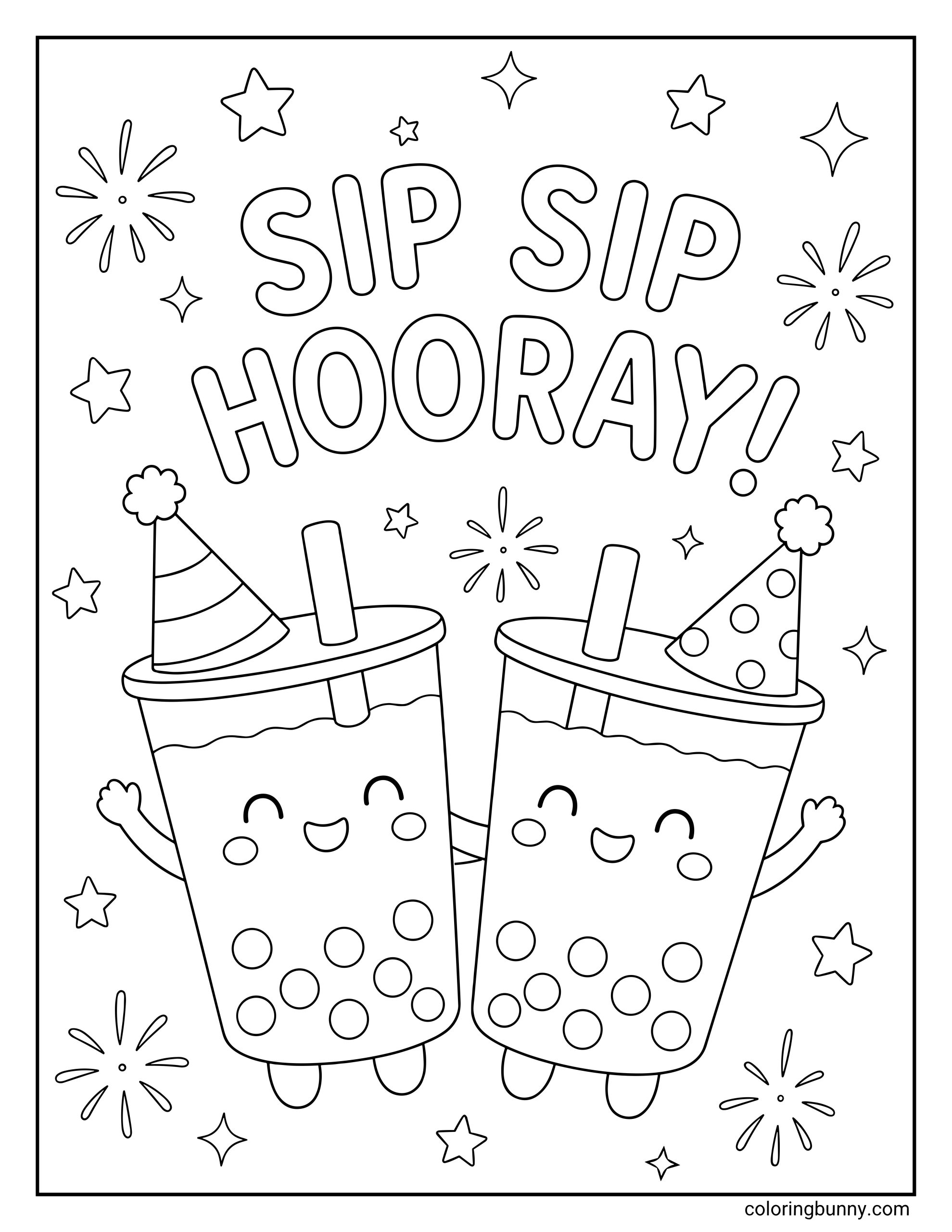 Boba Tea Coloring Page showing two cute, smiling bubble tea cups wearing festive patterned birthday hats, holding hands, and cheering happily with a "Sip Sip Hooray!" message overhead.