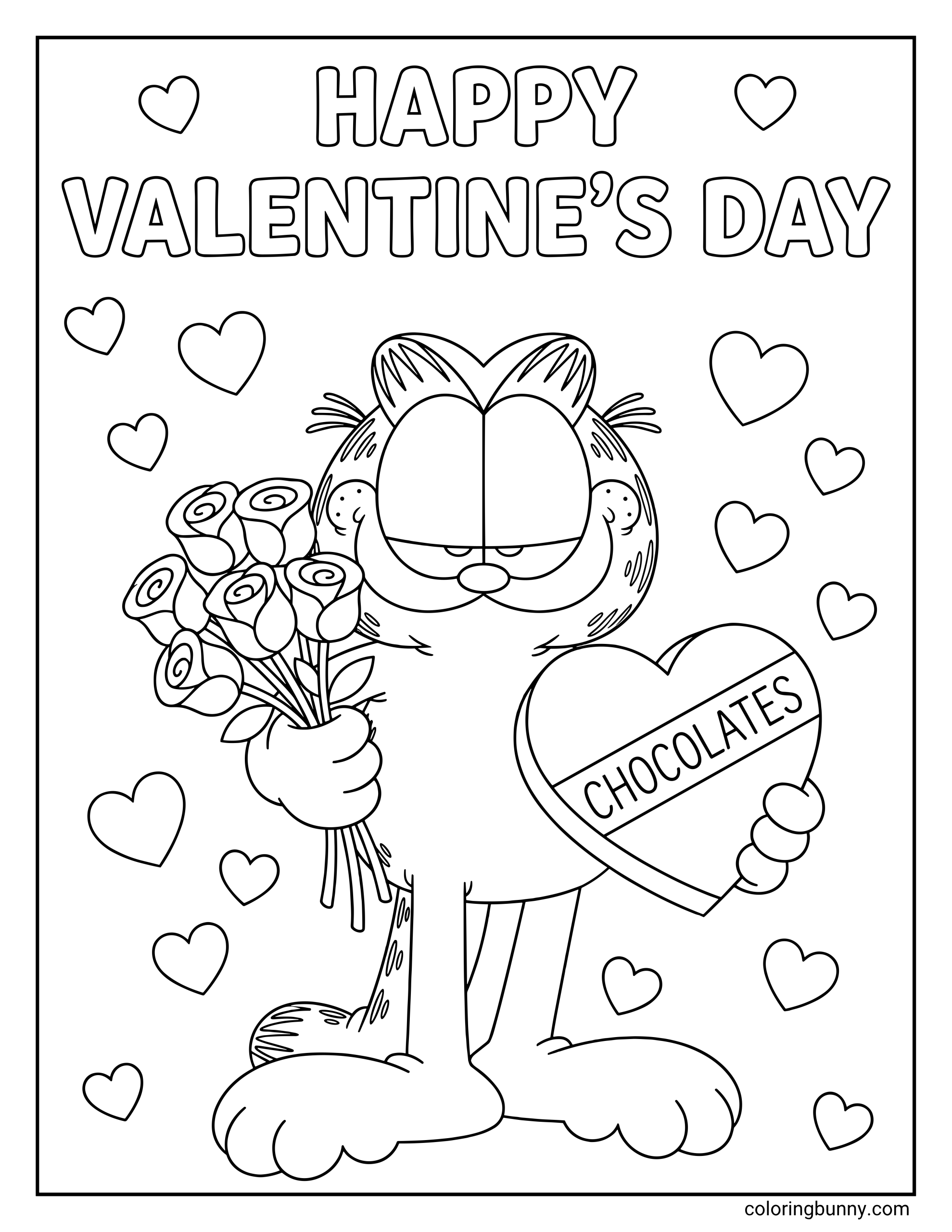 Valentine’s Day Garfield coloring page featuring Garfield holding a bouquet of roses and a heart-shaped box of chocolates, with “Happy Valentine’s Day” lettering and hearts around him.