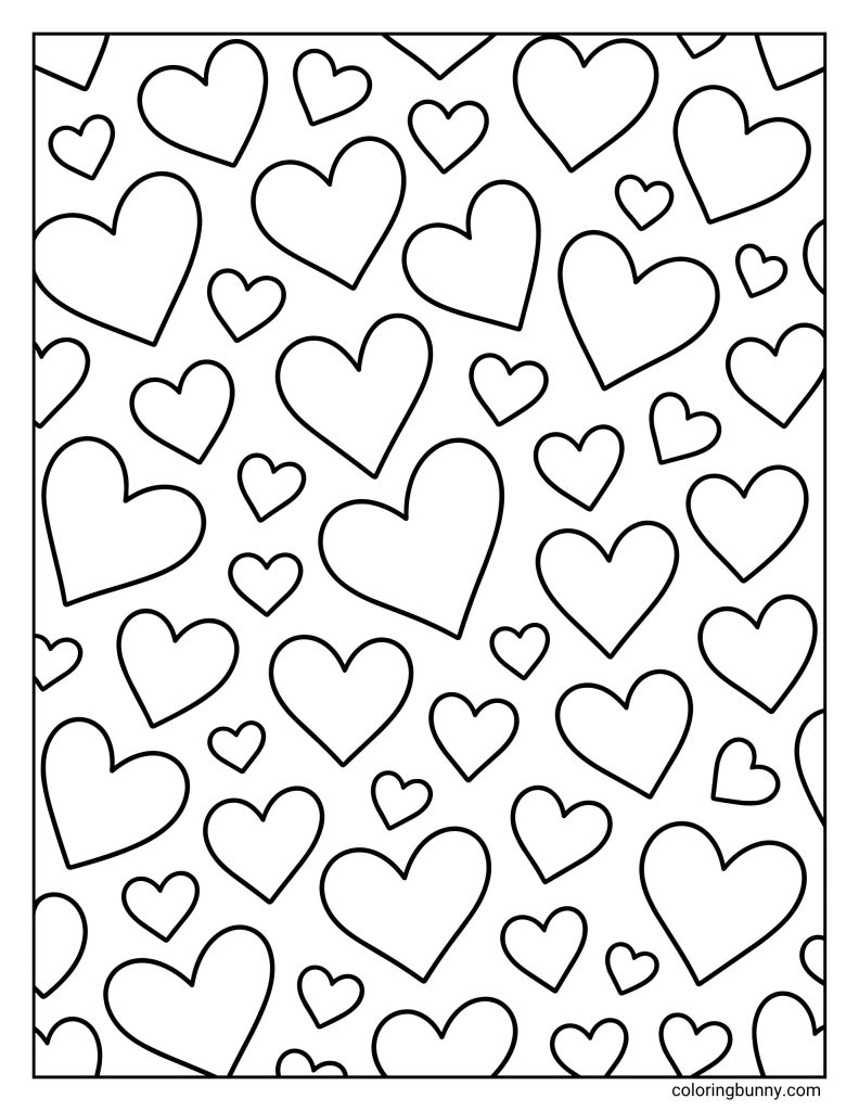 Varying hearts pattern coloring page featuring hearts in different sizes scattered across the entire design.