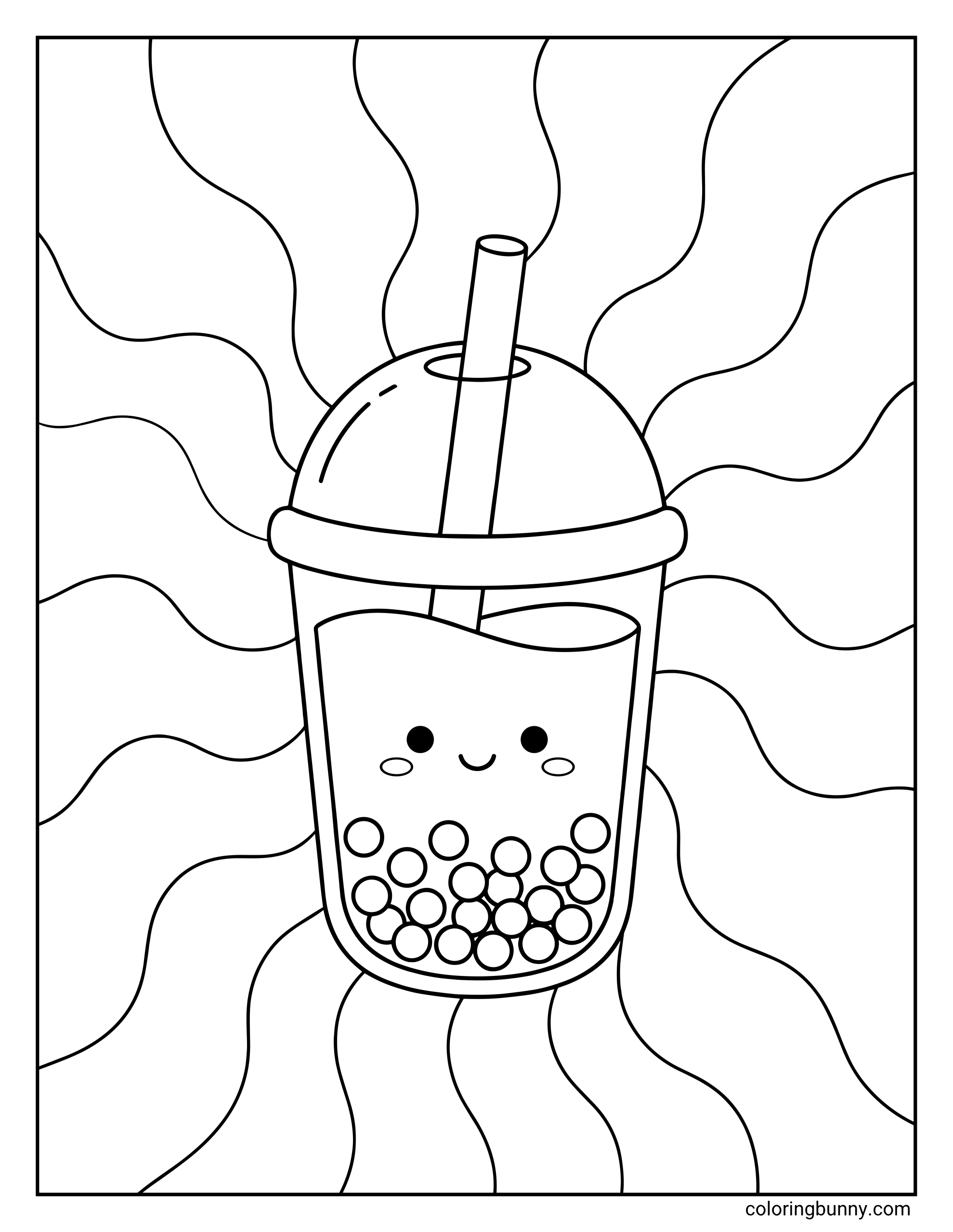 Cute boba tea coloring page with a kawaii bubble tea cup in the center, complete with a smiling face, dome top, straw, and a background of curvy flowing lines.