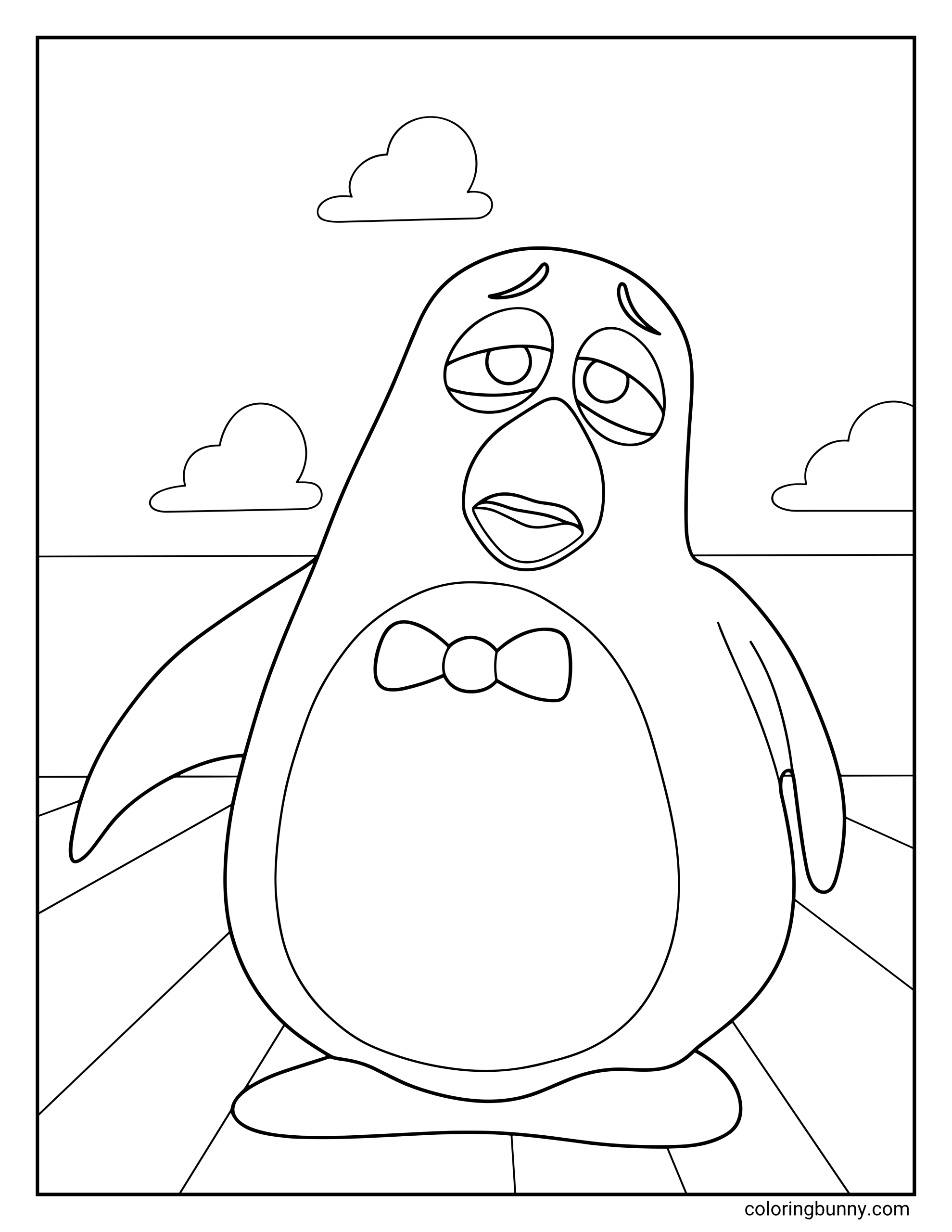 Weezy Toy Story coloring page featuring the penguin toy standing upright with droopy eyelids, an open beak, a bow tie, flipper-like wings, and a simple room background with clouds and floorboards.
