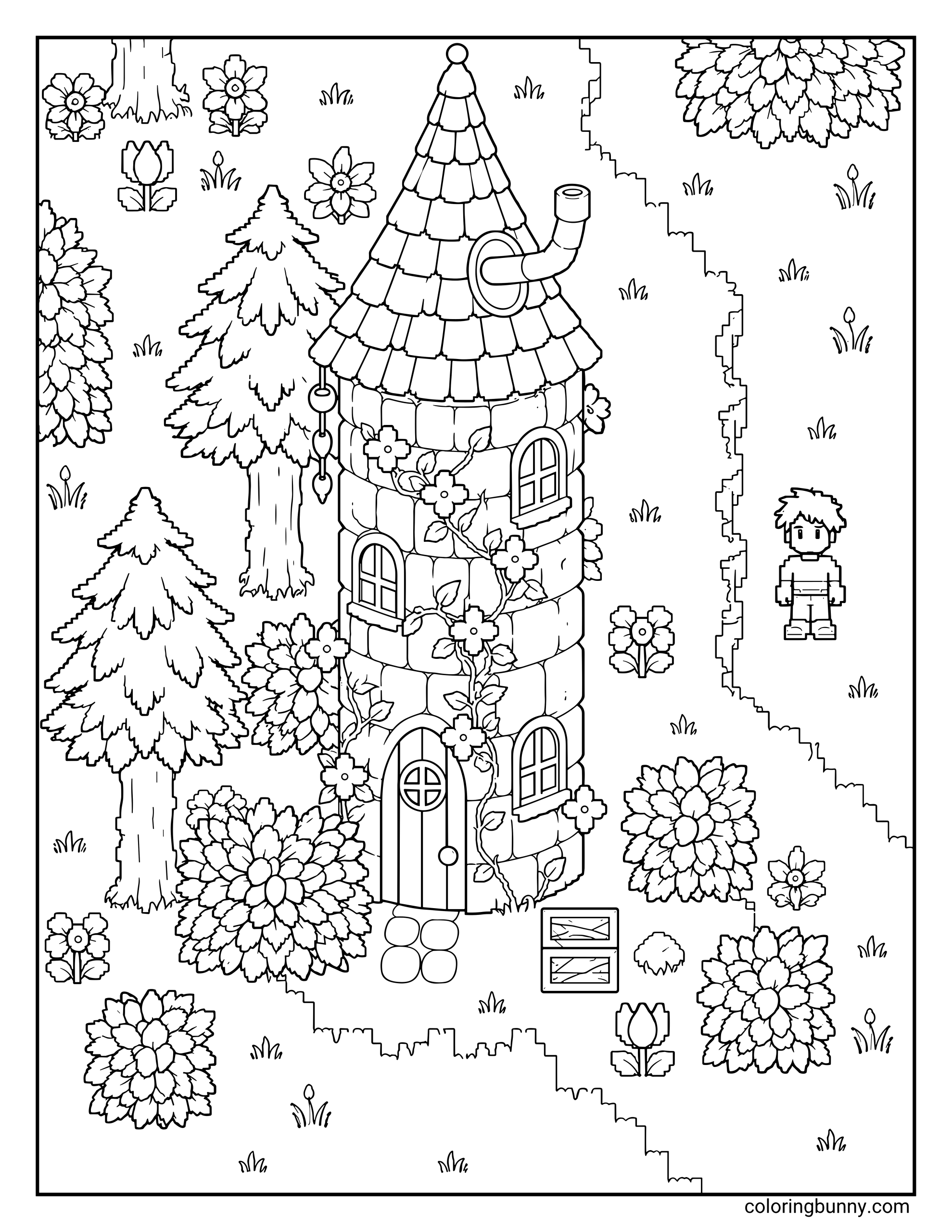 A Stardew Valley coloring page of Rasmodius's tall stone Wizard's Tower in the Cindersap Forest, with a small character sprite standing outside.
