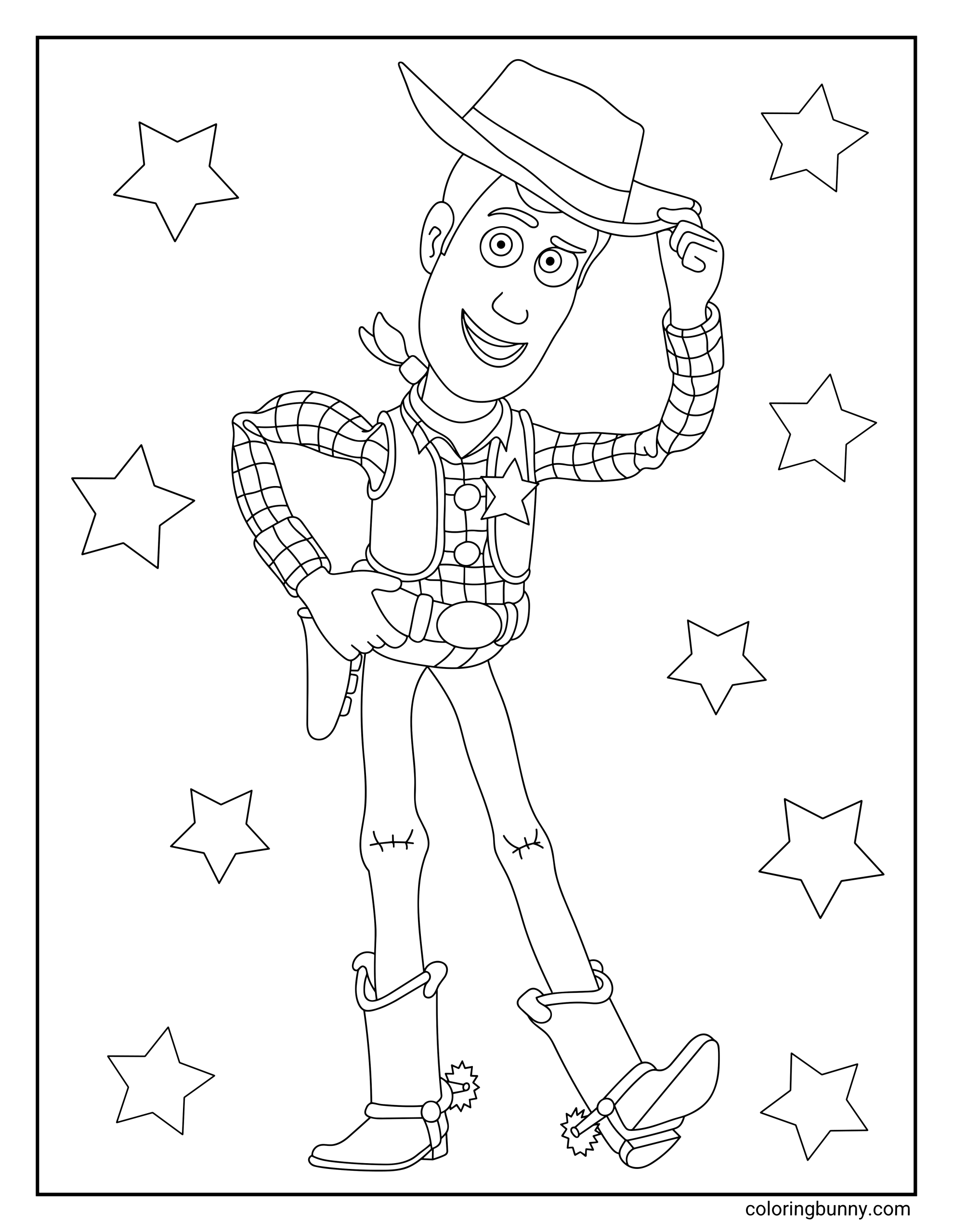 A coloring page of Woody from Toy Story featuring a detailed black and white outline illustration of the beloved cowboy tipping his hat while surrounded by stars.