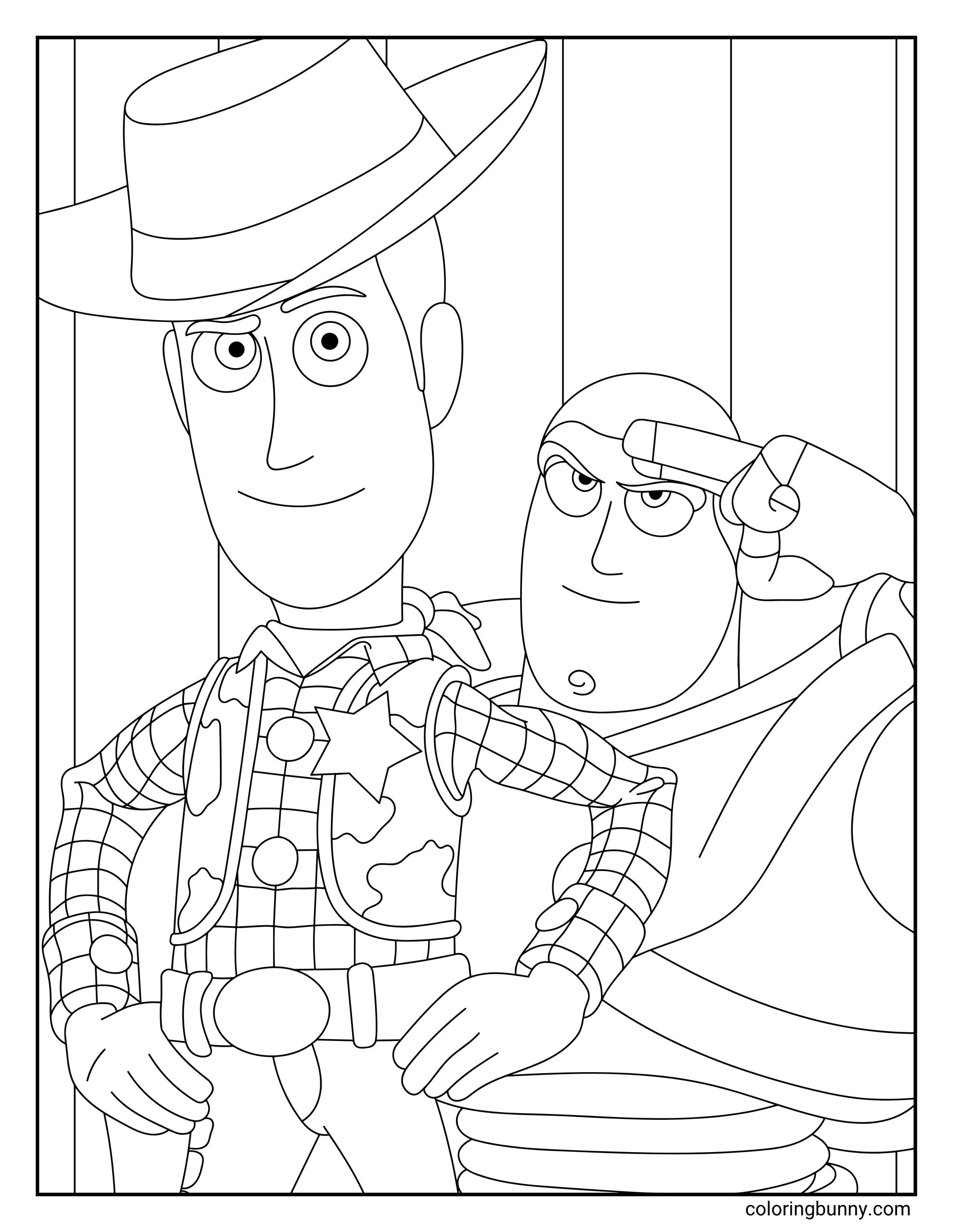 A coloring page of Woody and Buzz Lightyear from Toy Story featuring a black and white outline illustration of the two best friends posing side by side.