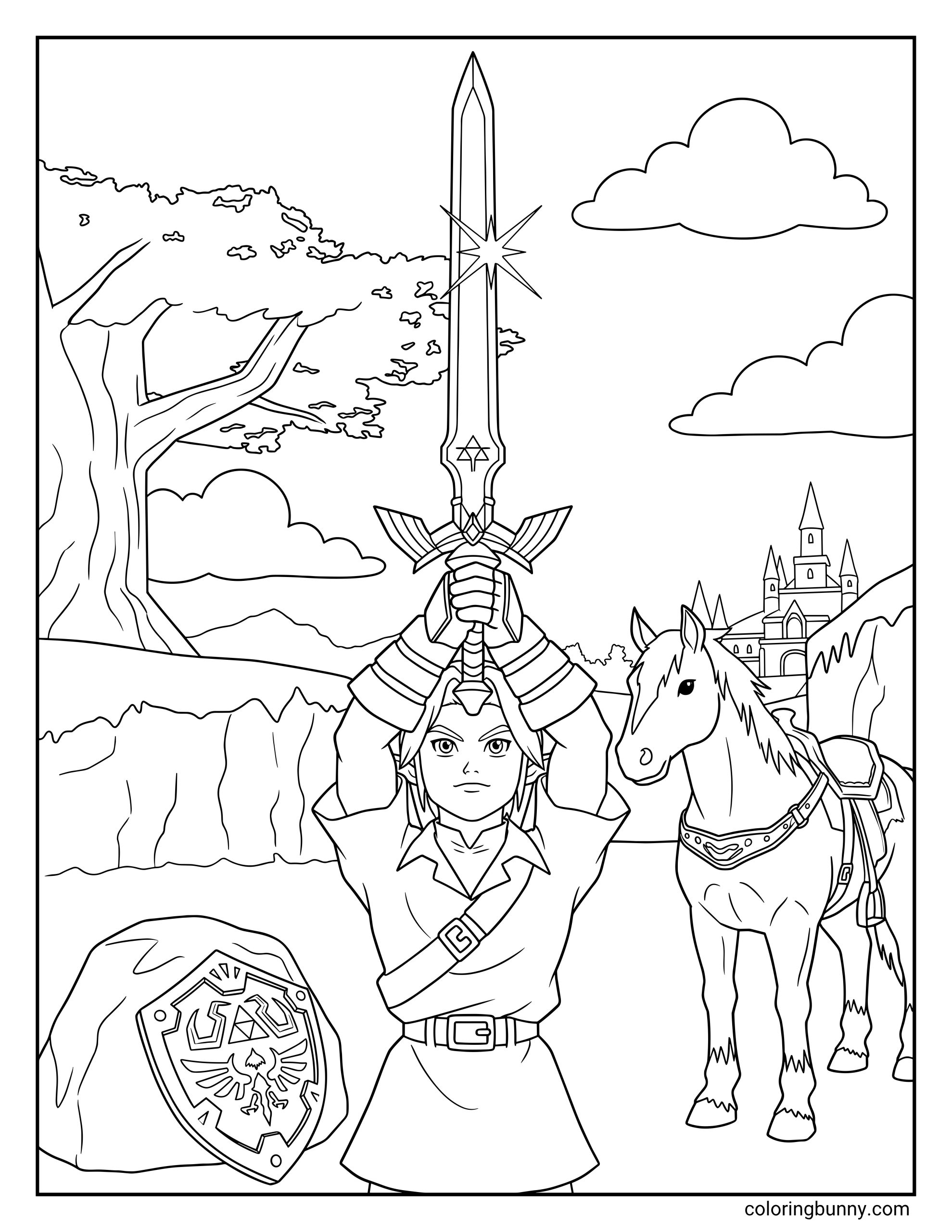 Zelda coloring page showing Link raising the Master Sword in a Hyrule scene with Epona, Hyrule Castle, a shield on a rock, clouds, cliffs, and a large tree.
