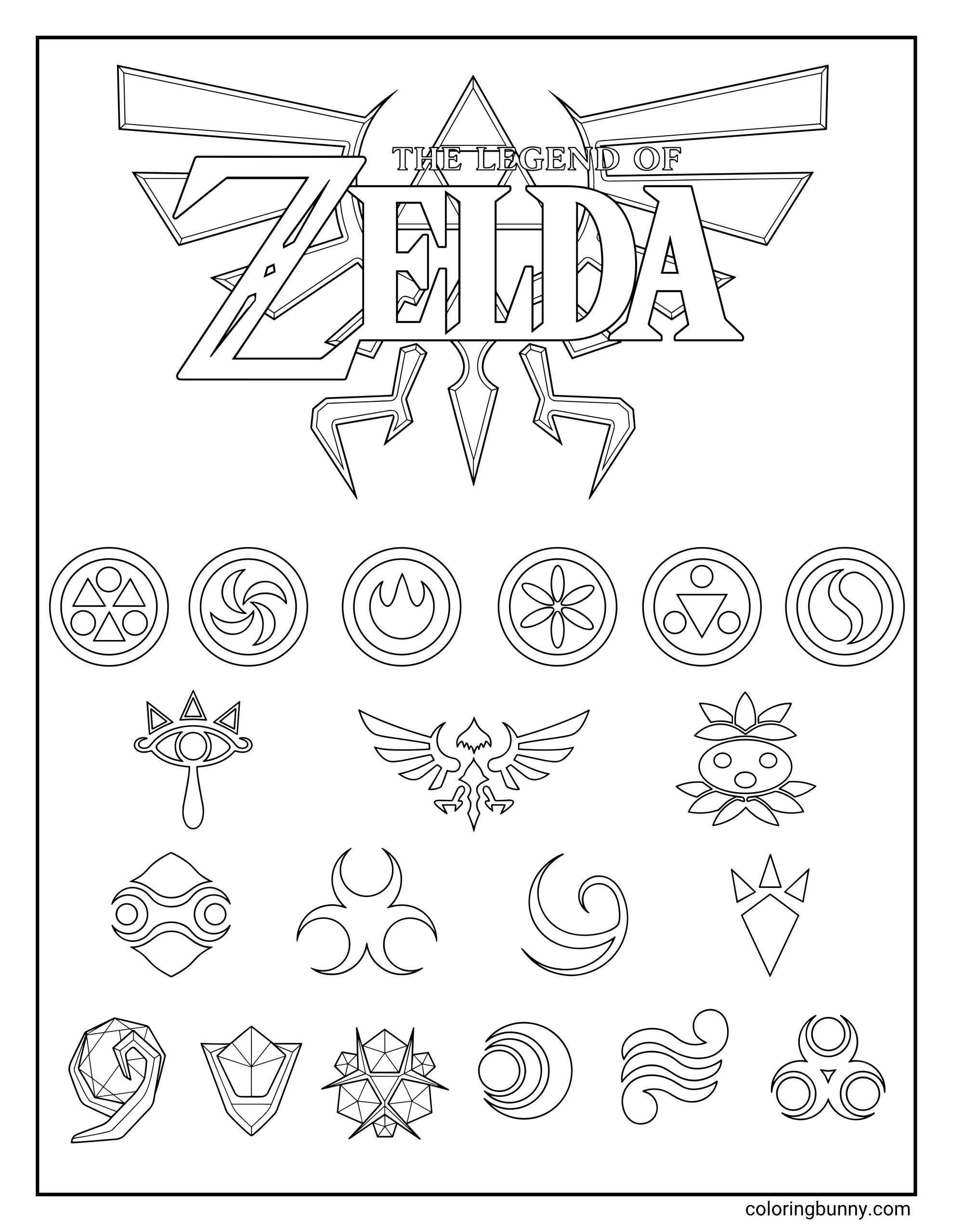 Zelda coloring sheet showing a full icon layout with the Zelda logo, Triforce marks, medallion circles, winged crest, eye symbol, mask-like shapes, and magical emblems.