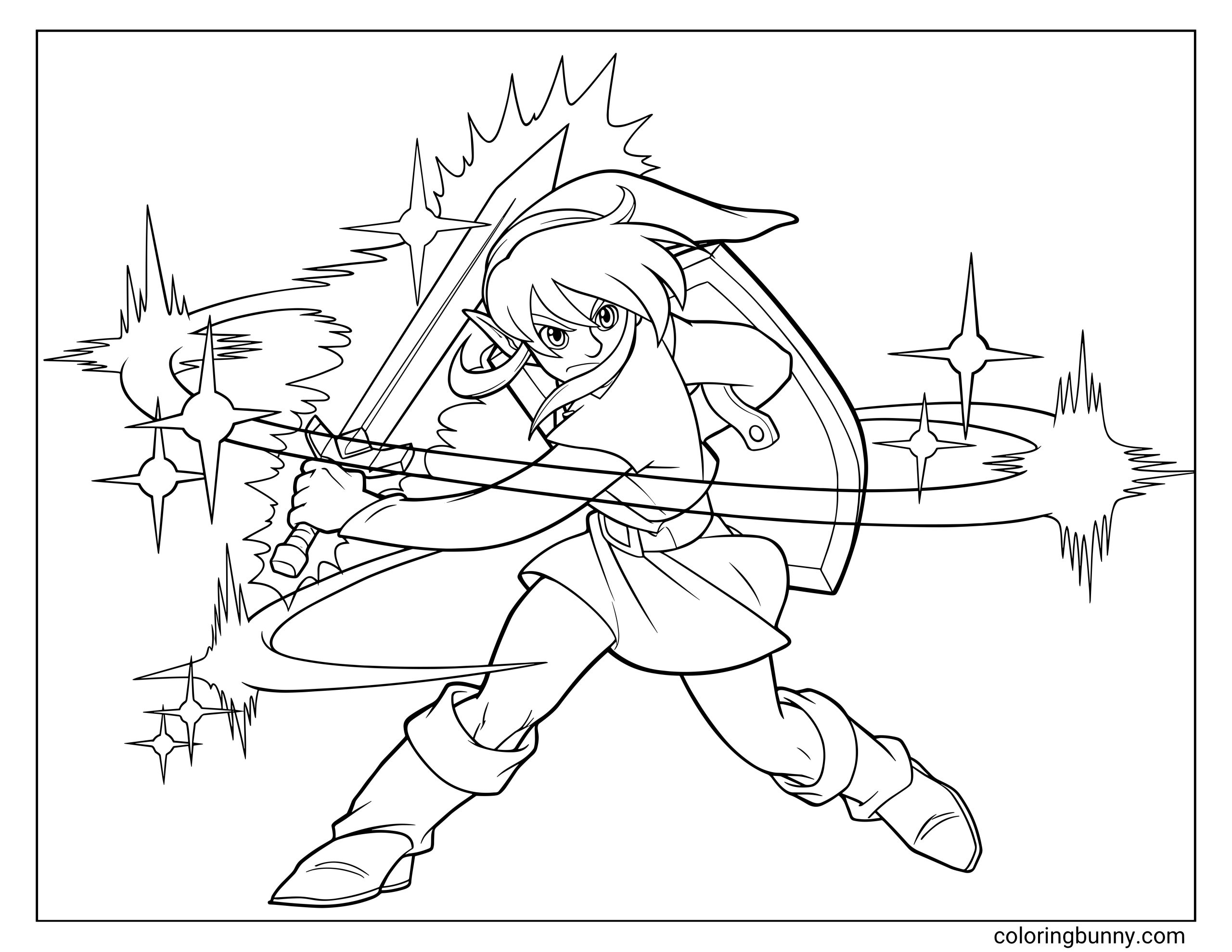 Zelda coloring page of Link swinging the Master Sword in an action pose, with the Hylian Shield on his back and magical slash effects around him.