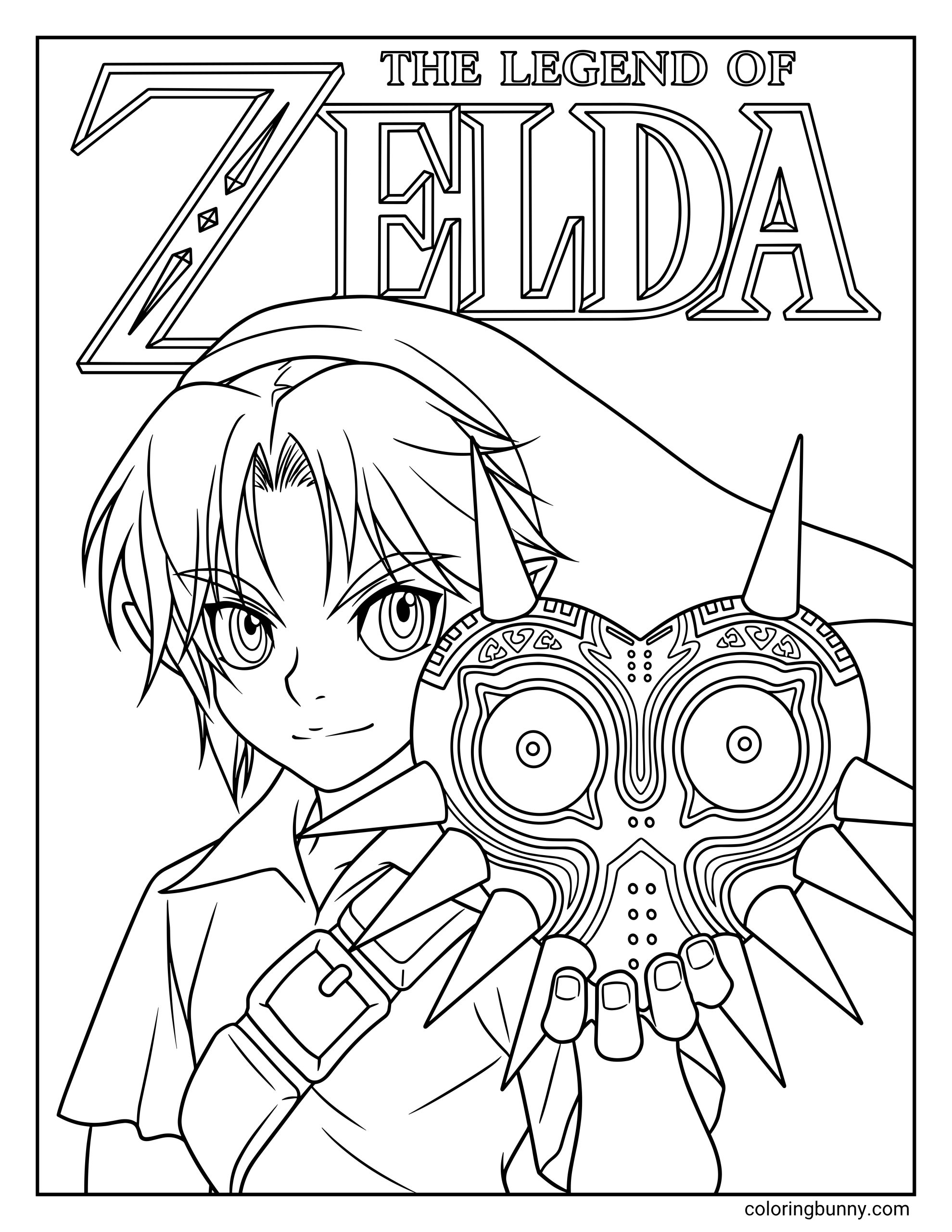 Zelda coloring page of young Link holding the heart-shaped spiked Majora's Mask forward, featuring large anime-style eyes, pointed ears, a leather shoulder strap, and the iconic hollow 'THE LEGEND OF ZELDA' logo text at the top.