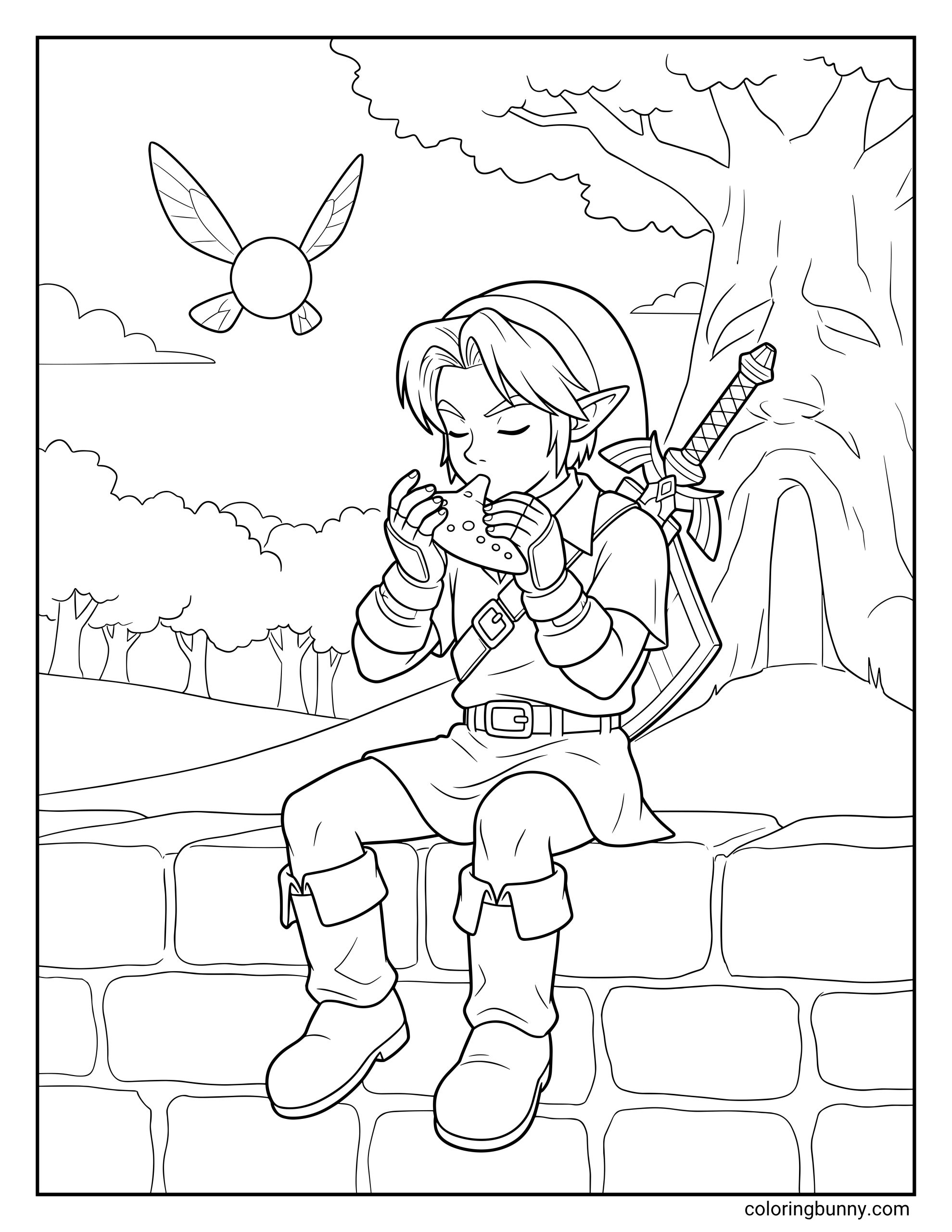 Coloring page of Link playing the Ocarina of Time while Navi floats nearby, with his sword on his back, boots, gloves, forest trees, and a large tree trunk.