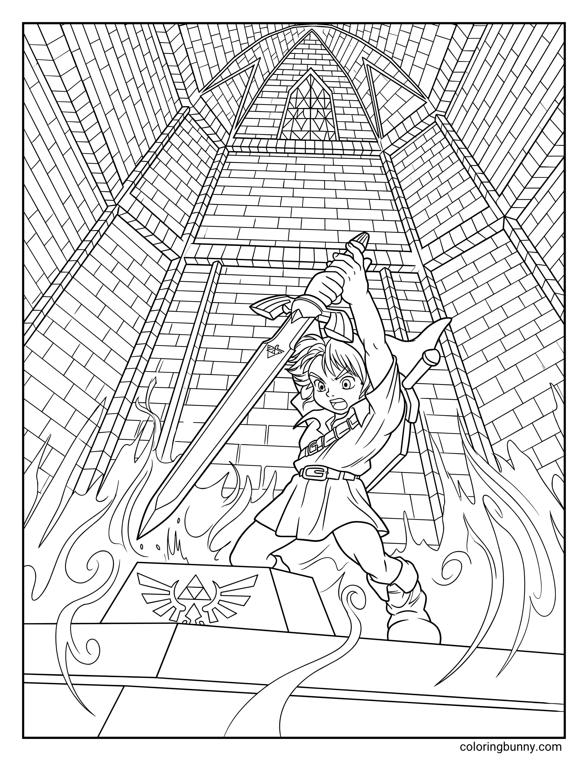 Zelda Link coloring page with Link pulling the Master Sword from a Triforce pedestal inside Hyrule Castle.