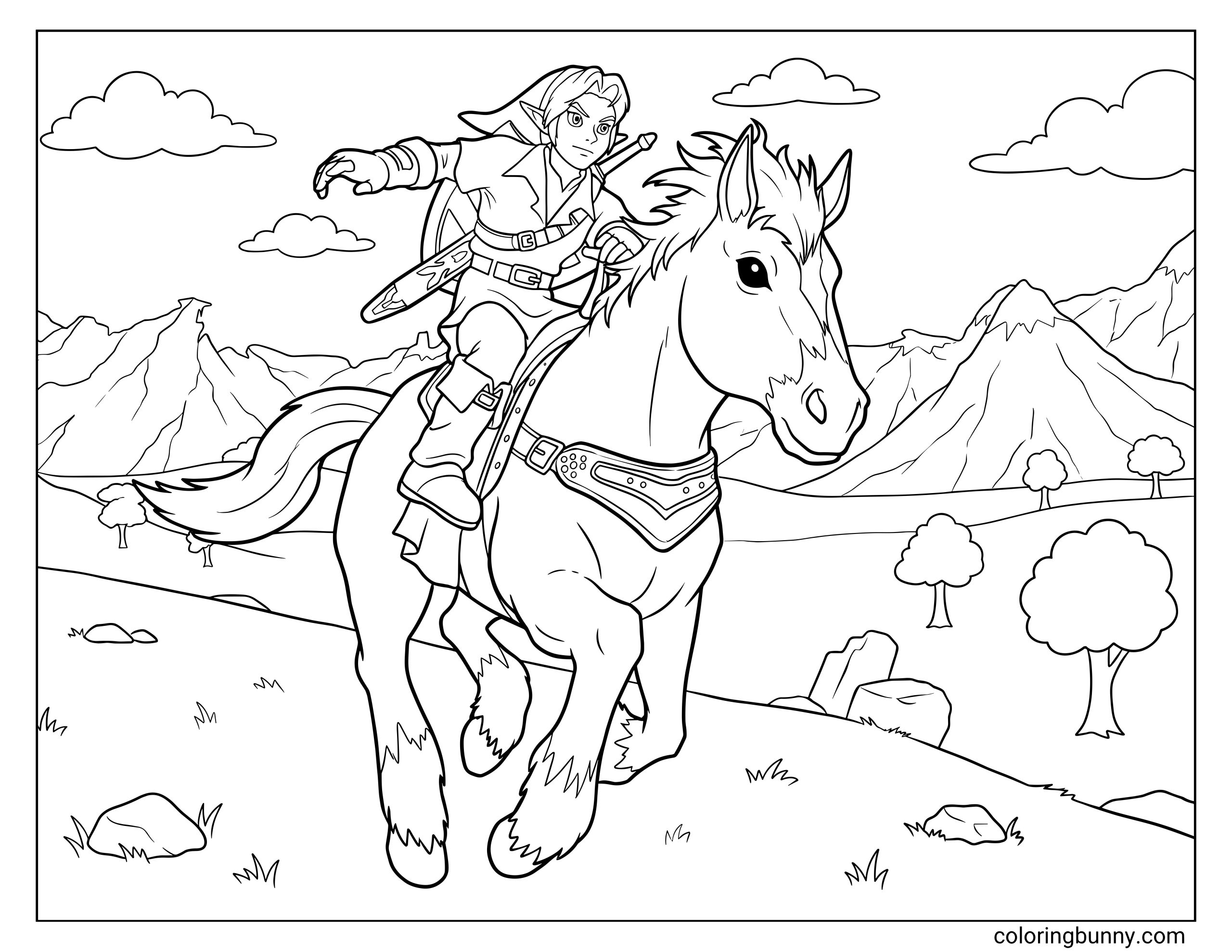 Printable Zelda coloring page of Link riding Epona through Hyrule Field, surrounded by rolling hills, small trees, mountain scenery, clouds, grass tufts, and rocks.