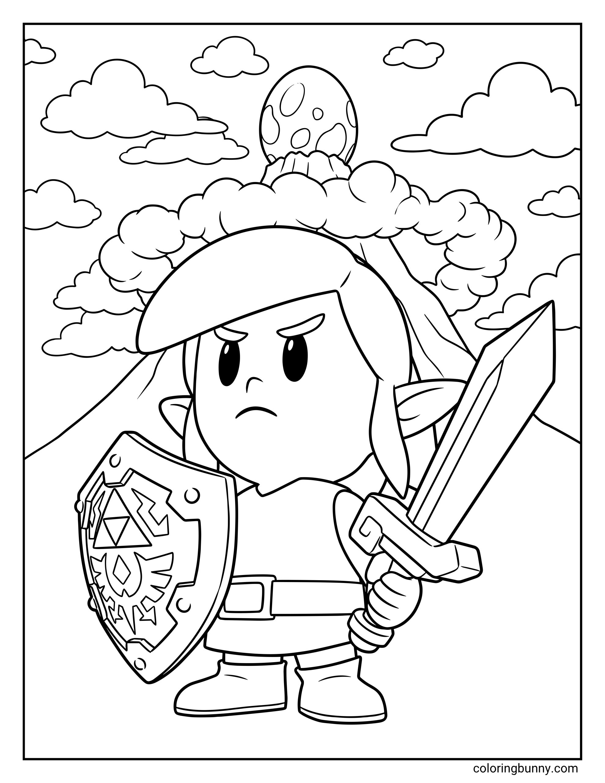 Coloring page of Link from Zelda with the Tal Tal Mountain Range behind him, featuring his sword, shield, pointed hat, fluffy clouds, and the spotted Wind Fish egg.