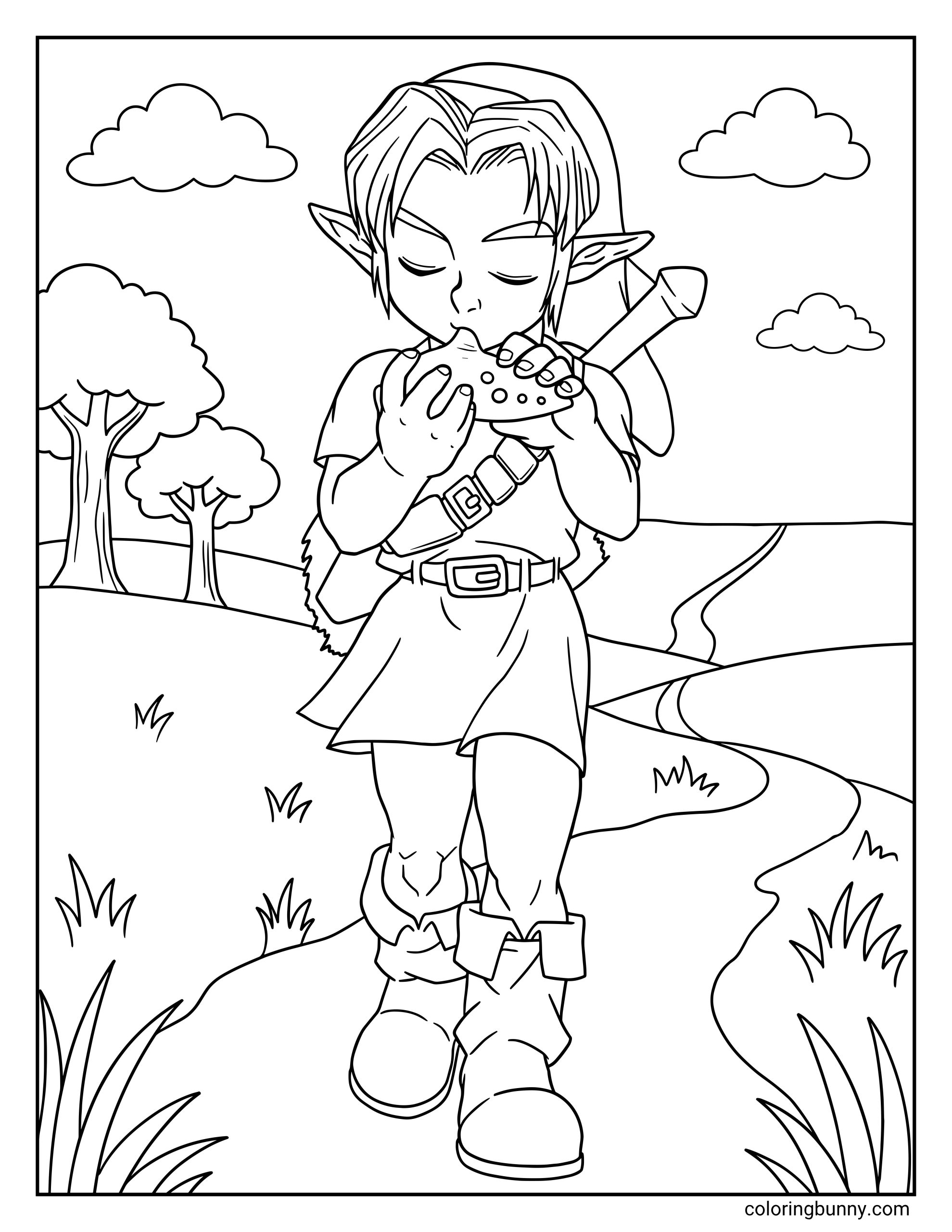 Coloring sheet of Link from Zelda strolling down a pathway with his eyes shut, holding a musical ocarina to his lips, wearing his classic tunic, belt, and cuffed boots in a scenic valley.