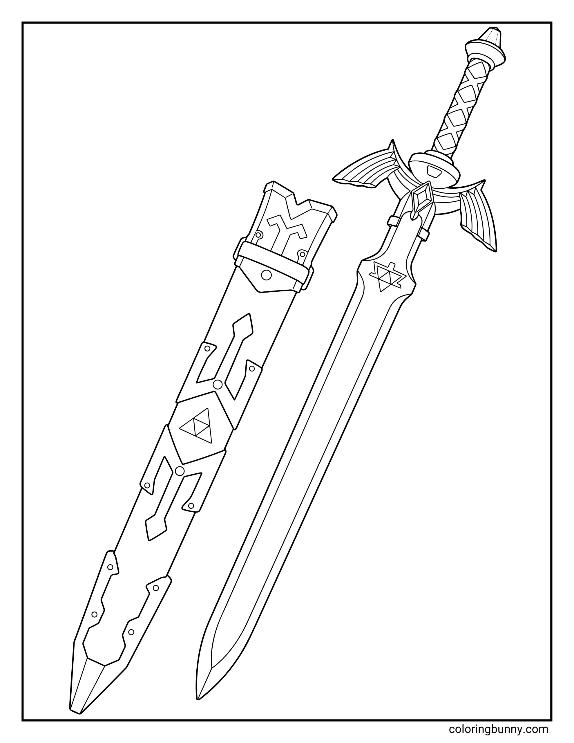 Zelda coloring page showing Link's Master Sword unsheathed next to its matching scabbard, featuring a cross-hatch grip, winged hilt, and geometric line details.