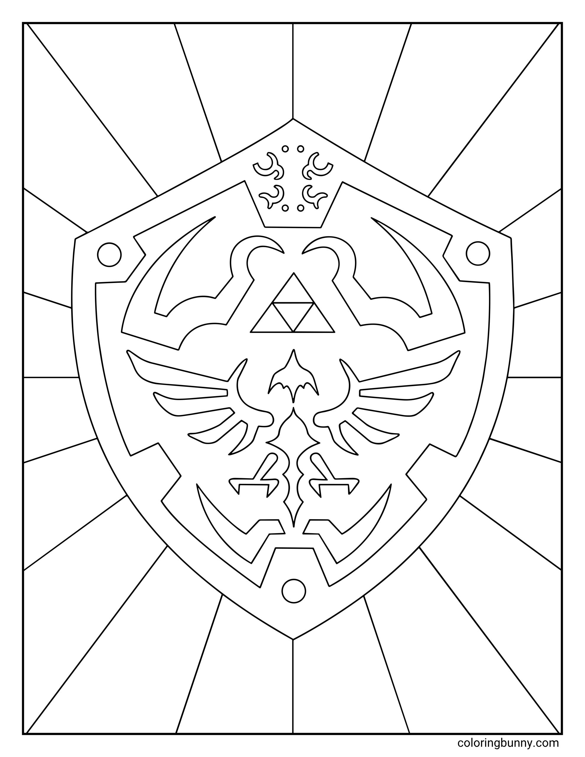 Coloring page of Link’s shield from Zelda, featuring the Triforce, Hylian bird crest, bold shield border, top emblem, small circles, and sunburst-style panels.