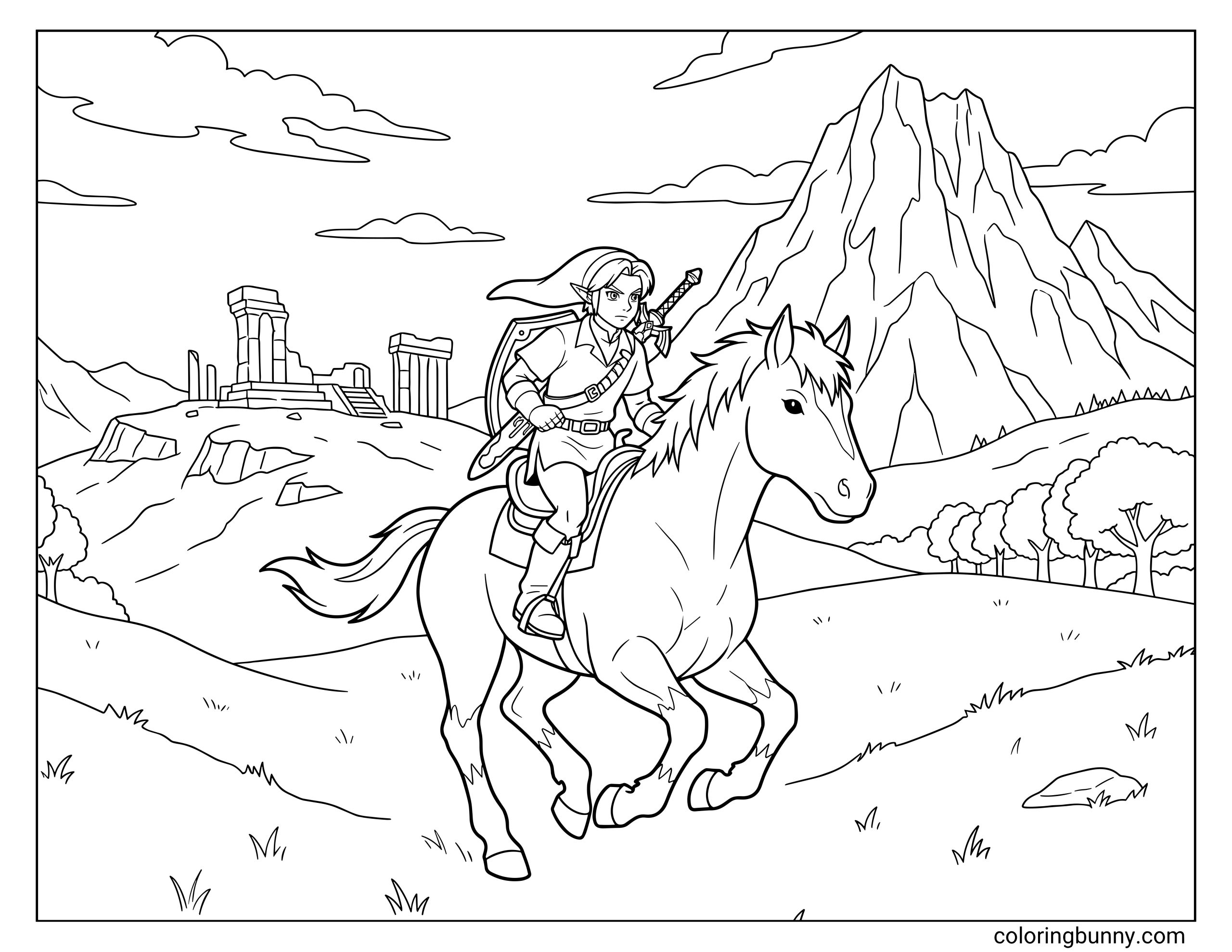 Coloring page of Link from Zelda riding Epona through Hyrule, with rocky hills, ancient stone ruins, distant mountains, and open grassy fields.