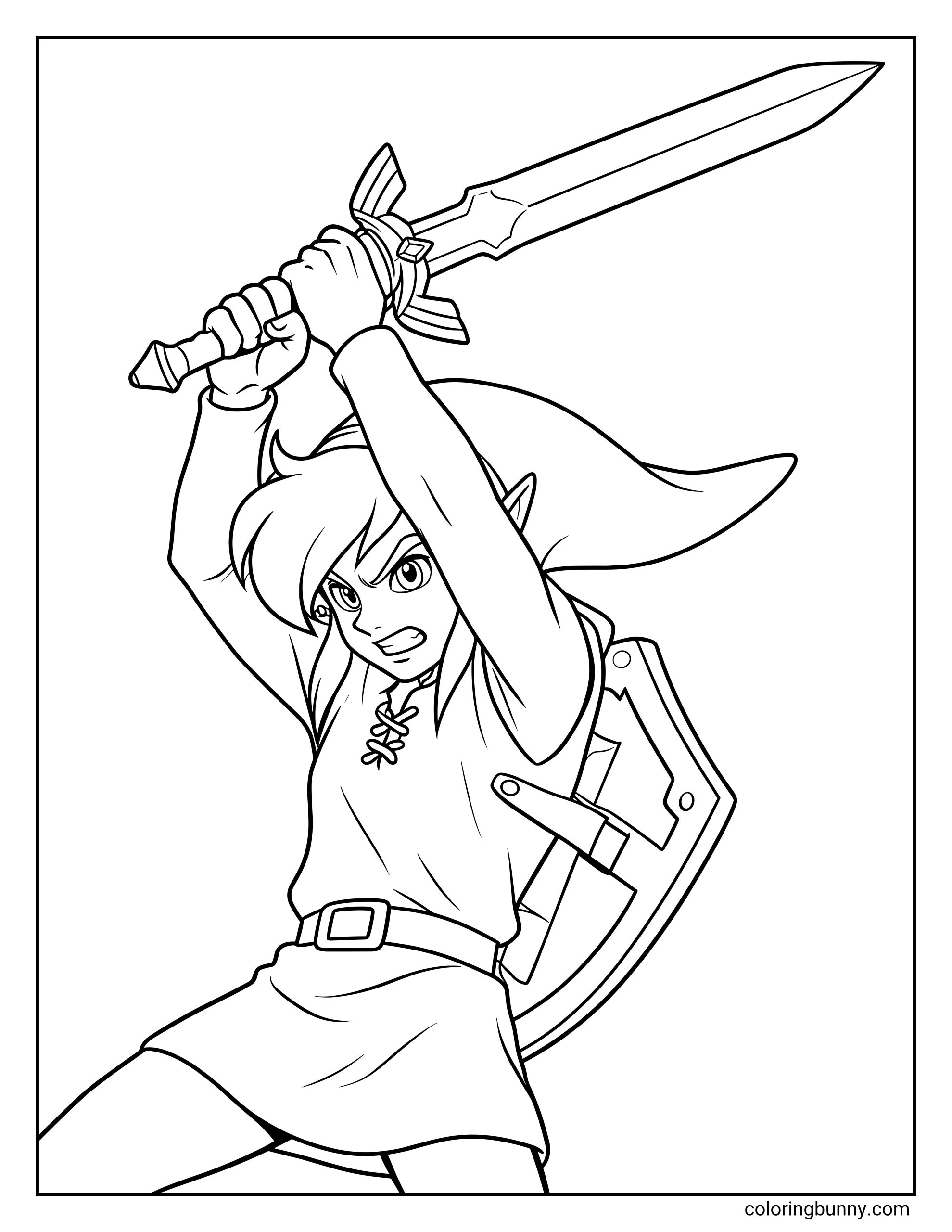 Link from The Legend of Zelda coloring sheet showing him ready to swing his sword while wearing his classic tunic and shield.