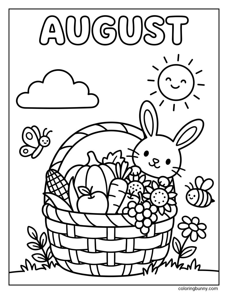 August coloring page featuring the month title 'AUGUST' in bold bubble letters above a scene with a harvest basket, a cloud, and a happy cartoon sun.