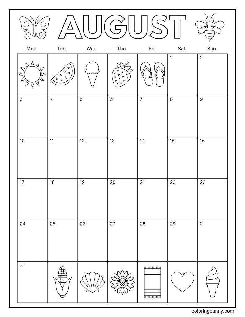 Printable August calendar coloring page showing the text “AUGUST” at the top and a neat calendar grid with dates 1 through 31. The design is decorated with a butterfly, bee, and small seasonal drawings such as a smiling sun, fruity treats, flip-flops, corn, a seashell, a sunflower, a picnic-style blanket, a heart, and ice cream.