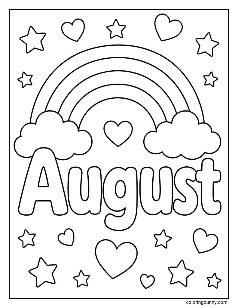 Cute August coloring page featuring big outlined text that spells “August,” a rainbow between two clouds, and a playful arrangement of hollow hearts and five-pointed stars.