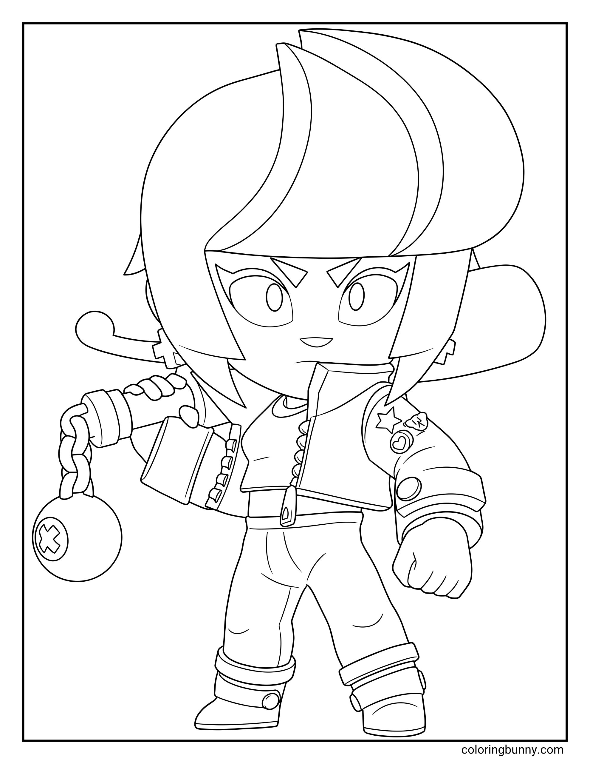 Brawl Stars Bibi coloring page with Bibi posing with her bat, bubble gum, side-swept hair, jacket zipper, chain charm, gloves, and boots.