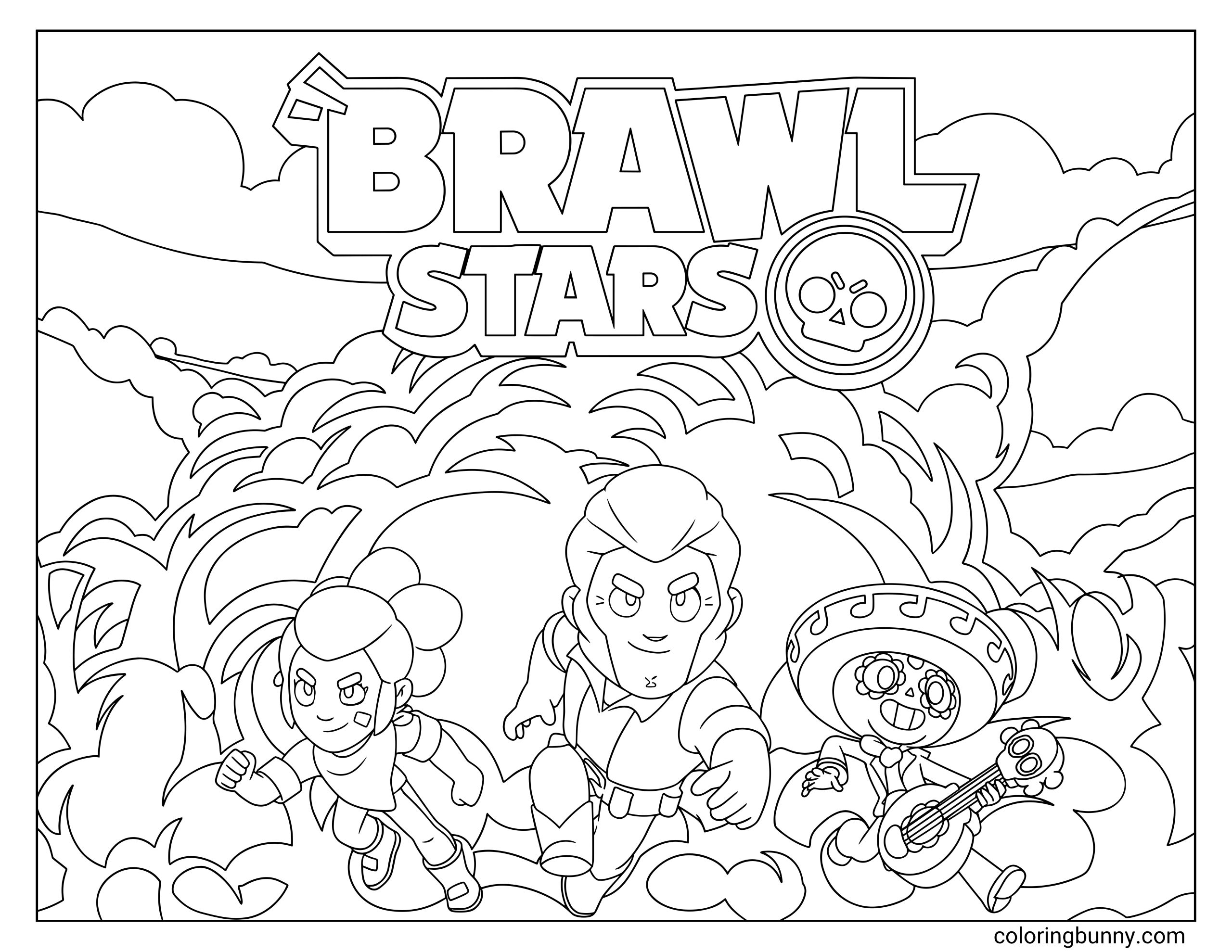 Brawl Stars Cover coloring page featuring the hollow Brawl Stars logo at the top, with Shelly, Colt, and Poco running from an explosion.