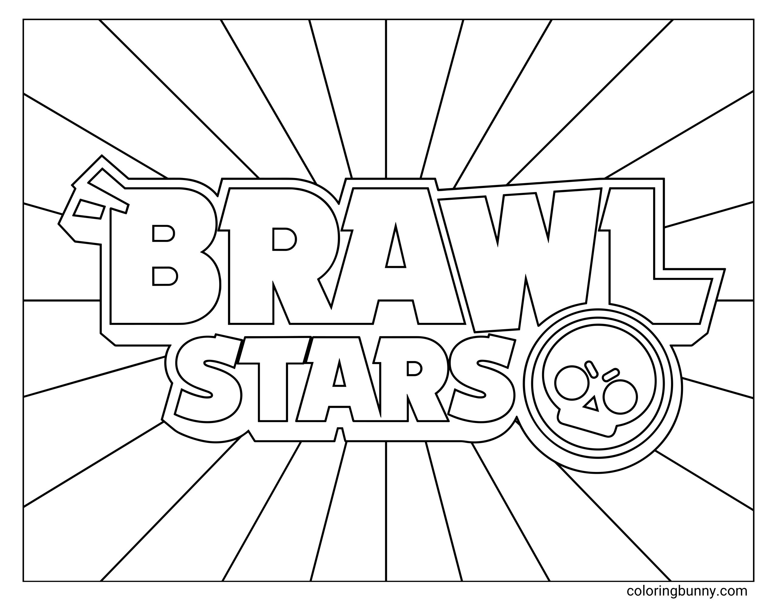 Coloring page of the Brawl Stars logo featuring bold hollow letters, the round skull icon, thick outline details, and sunburst rays in the background.