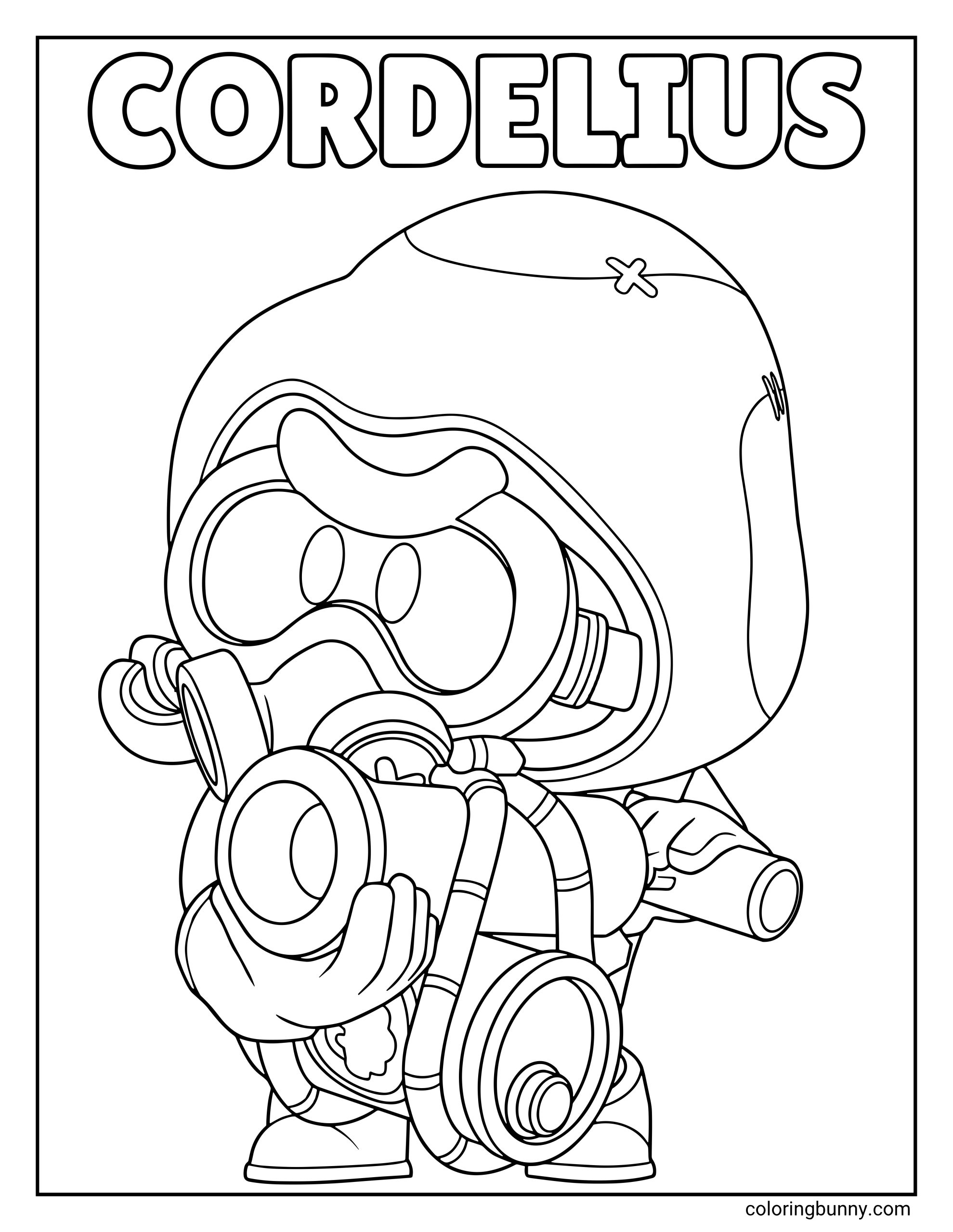 Cordelius Brawl Stars coloring page showing Cordelius holding his large blaster, wearing a hood, goggles, breathing mask, hoses, boots, and bold Cordelius name text above.