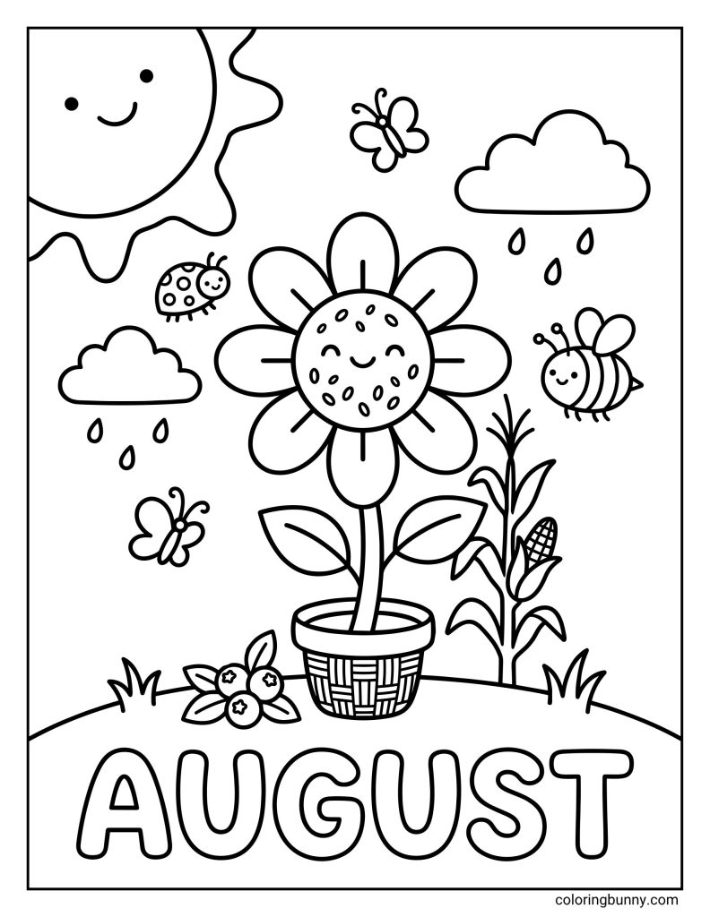 Cute August coloring sheet with the word “AUGUST” in big hollow letters below a smiling flower in a pot, surrounded by a sun, clouds with raindrops, butterflies, bees, a ladybug, berries, grass, and corn.